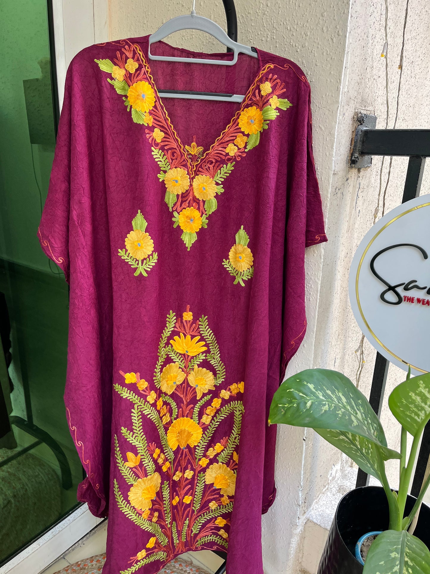 Crush Cotton Aariwork Kaftan - Wine Color