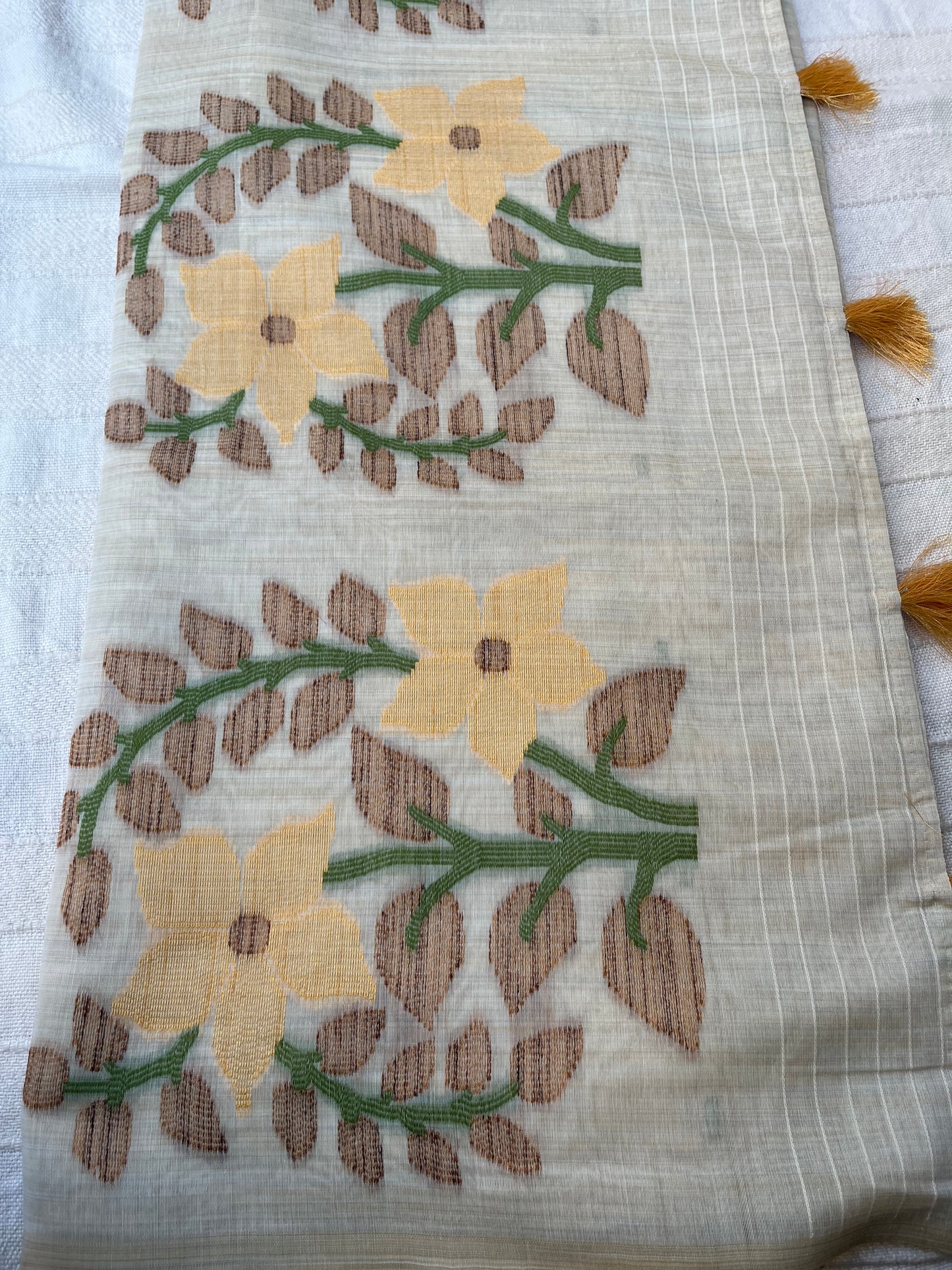 Chanderi Cotton Jamdani Saree - Ivory-Yellow Flower Weaving