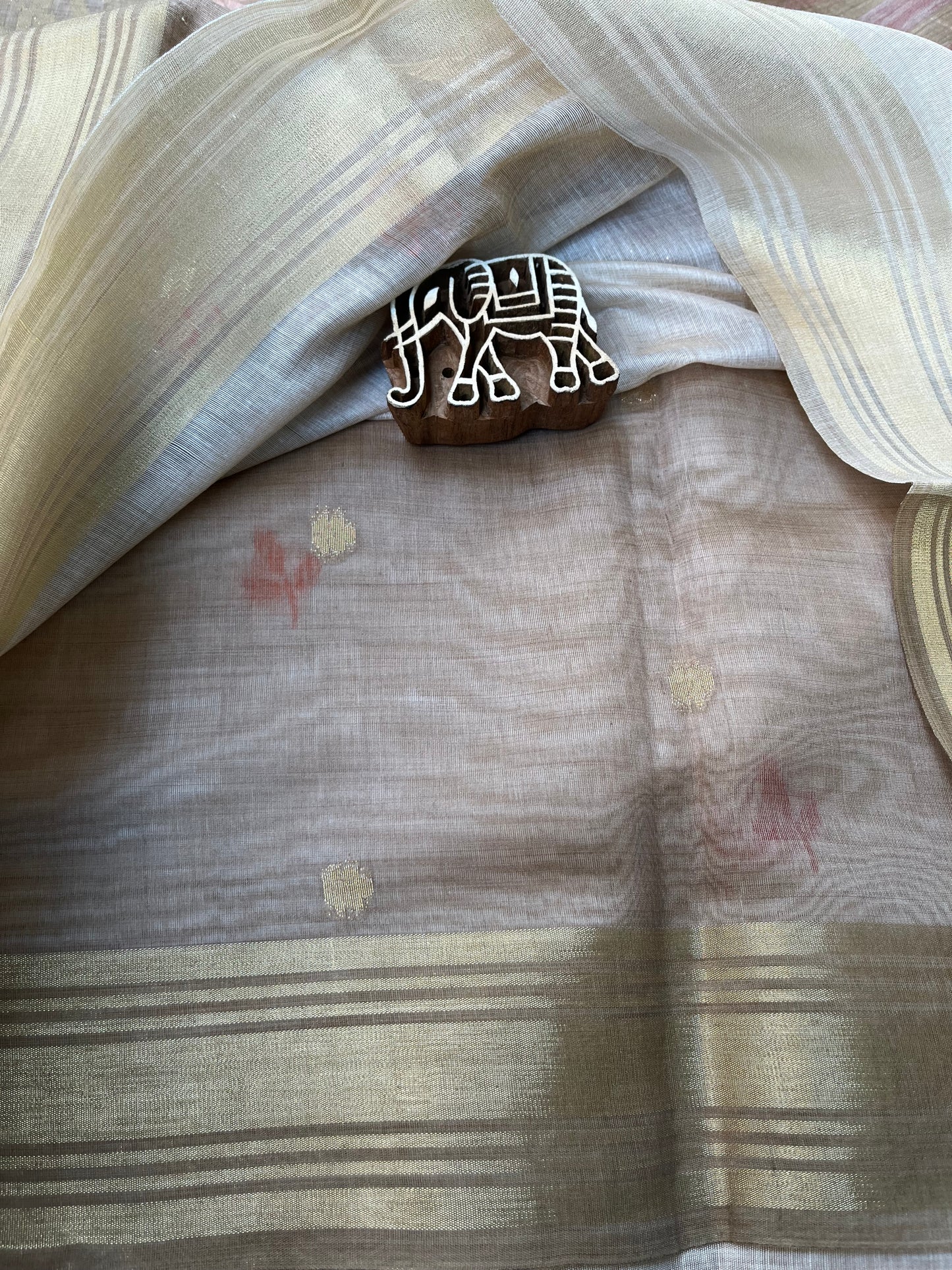 Chanderi Cotton Jamdani Saree - Ivory-Brown Bageecha