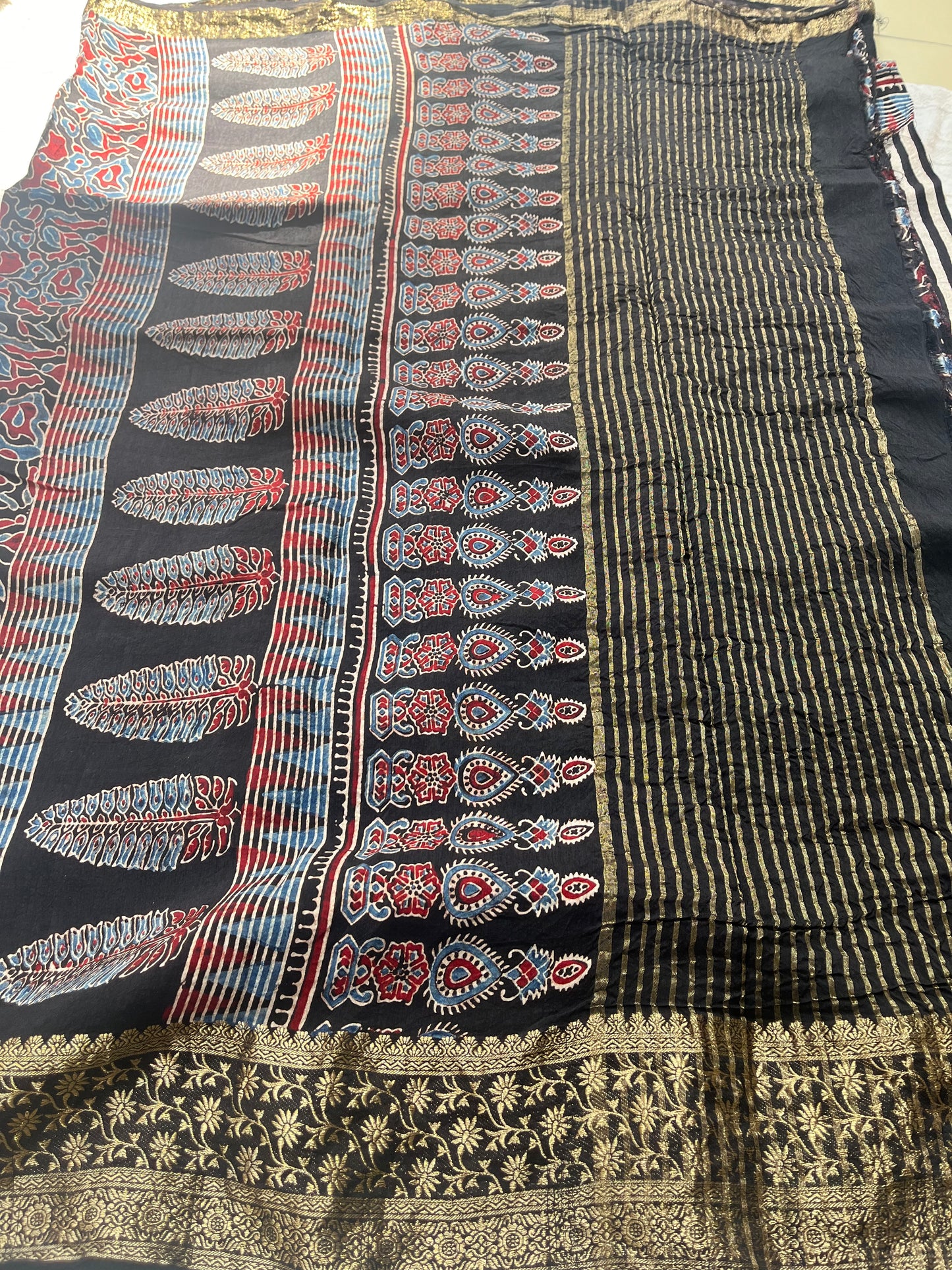 Contemporary Ajrakh Dola Silk Saree - Black Stripes