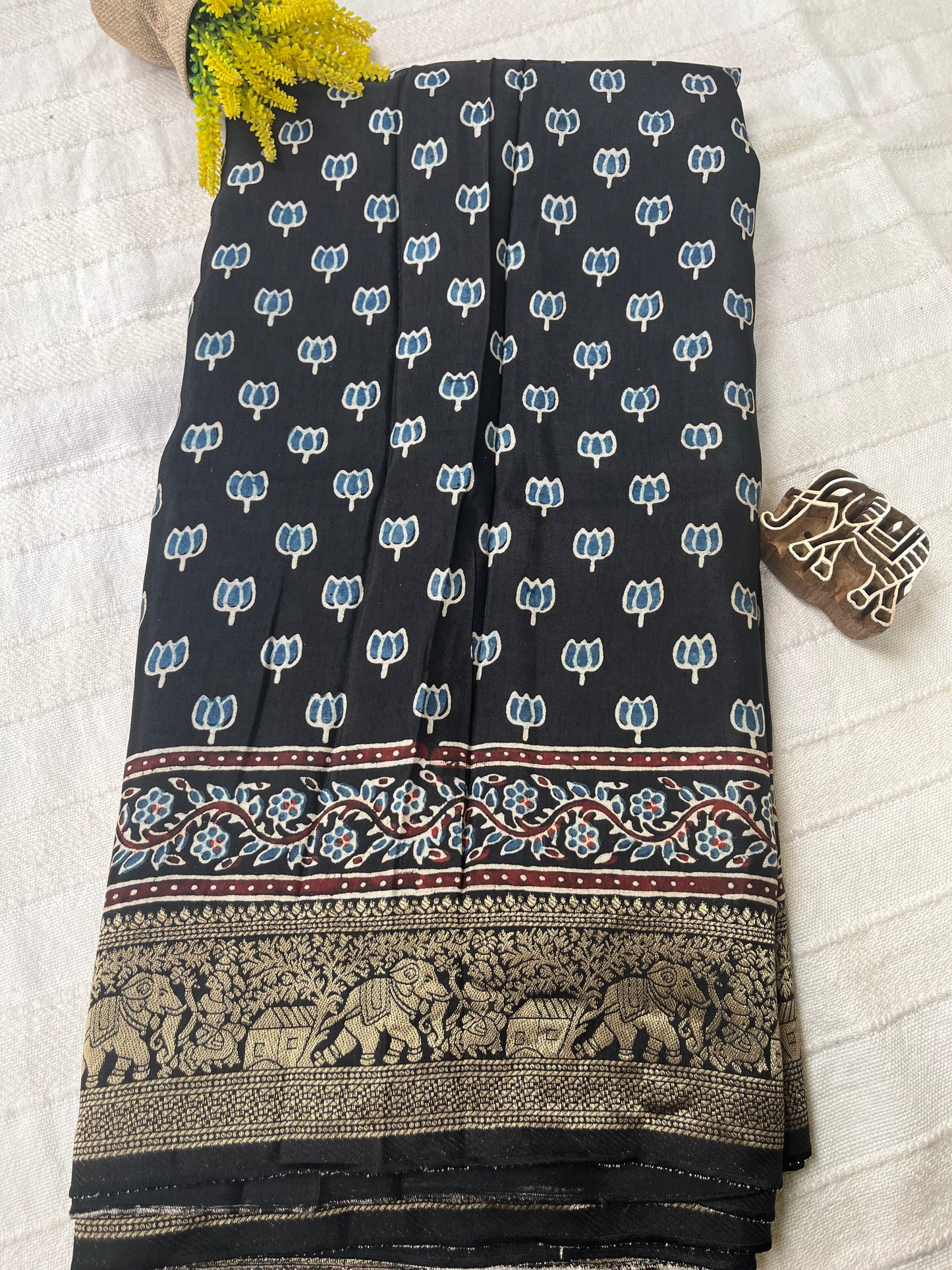 Ajrakh Dola Silk Saree - Black Lotus Pattern (with tassels)