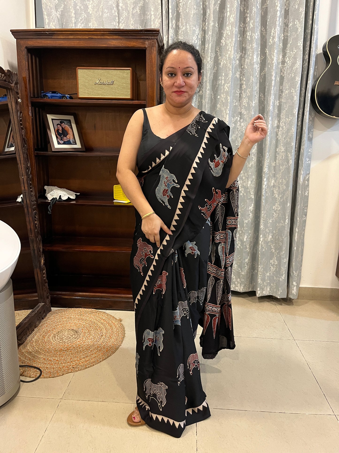 Pichwai Print Modal Silk Saree - Black
