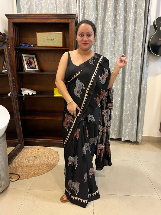 Pichwai Print Modal Silk Saree - Black