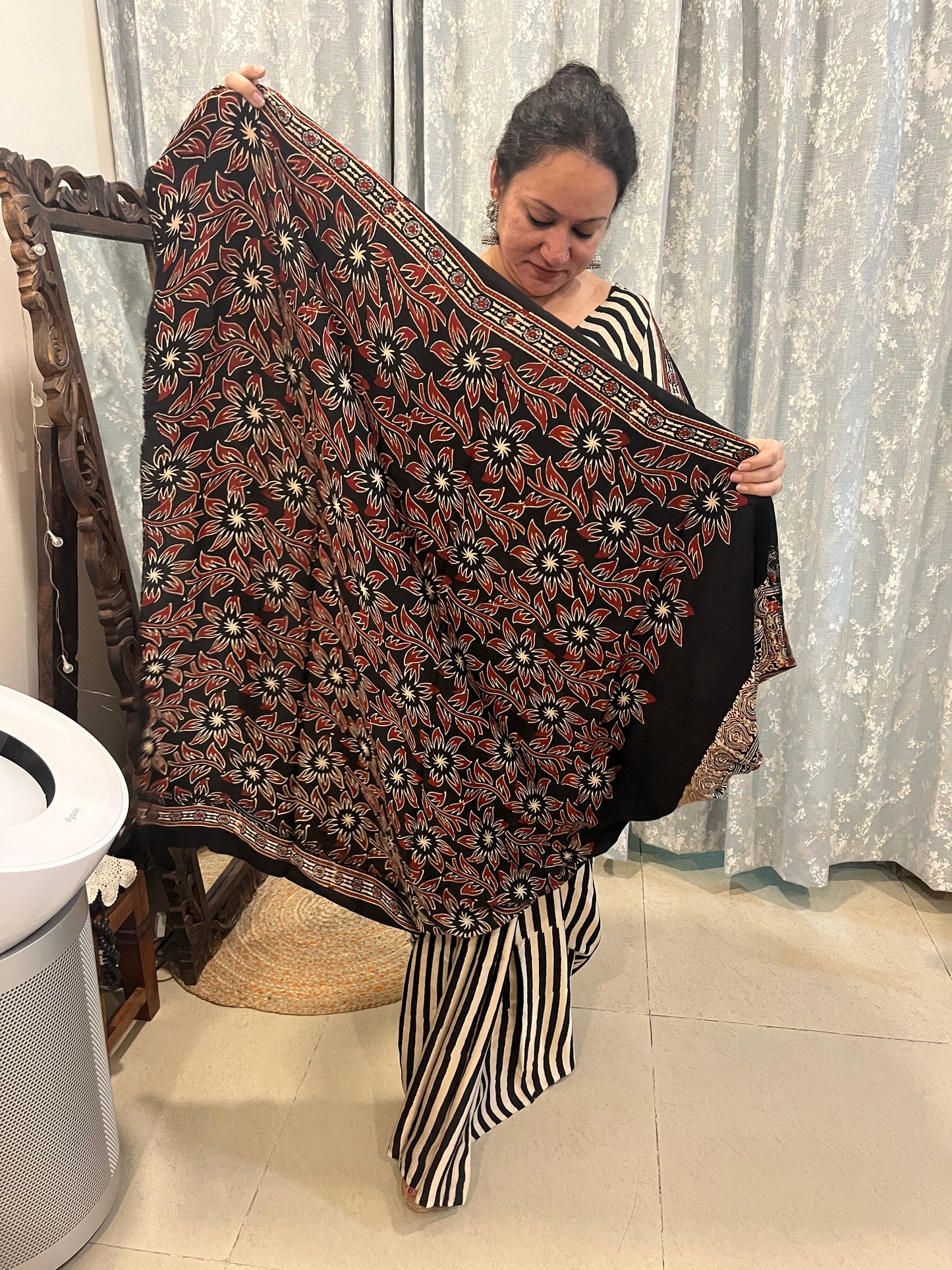 Contemporary Ajrakh Modal Silk Saree - Black Stripes with Black Palla