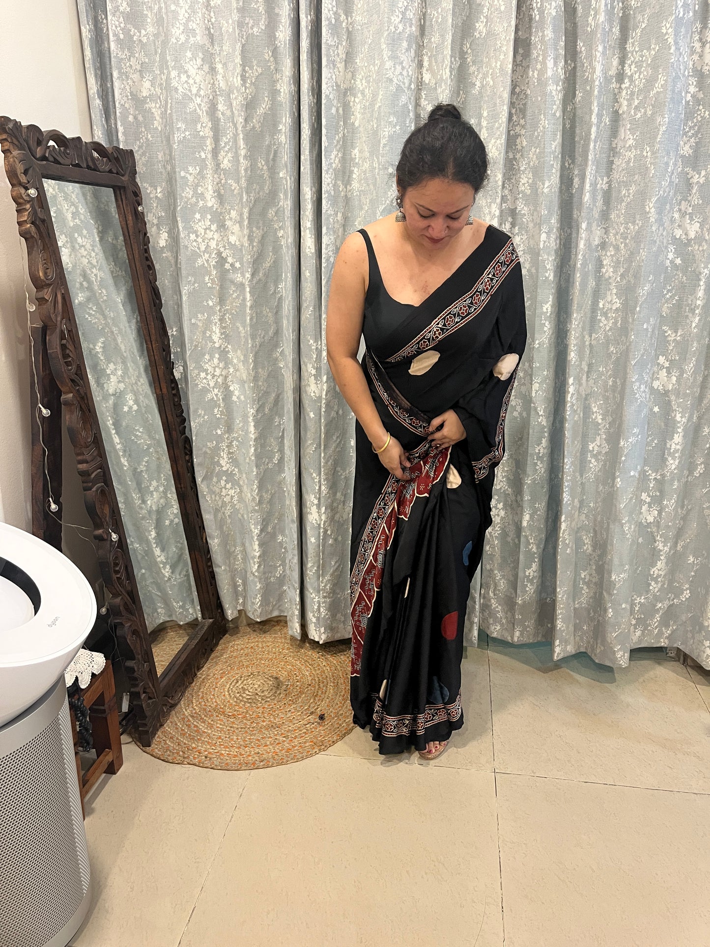 Contemporary Ajrakh Modal Silk Saree - Black Polka Dots