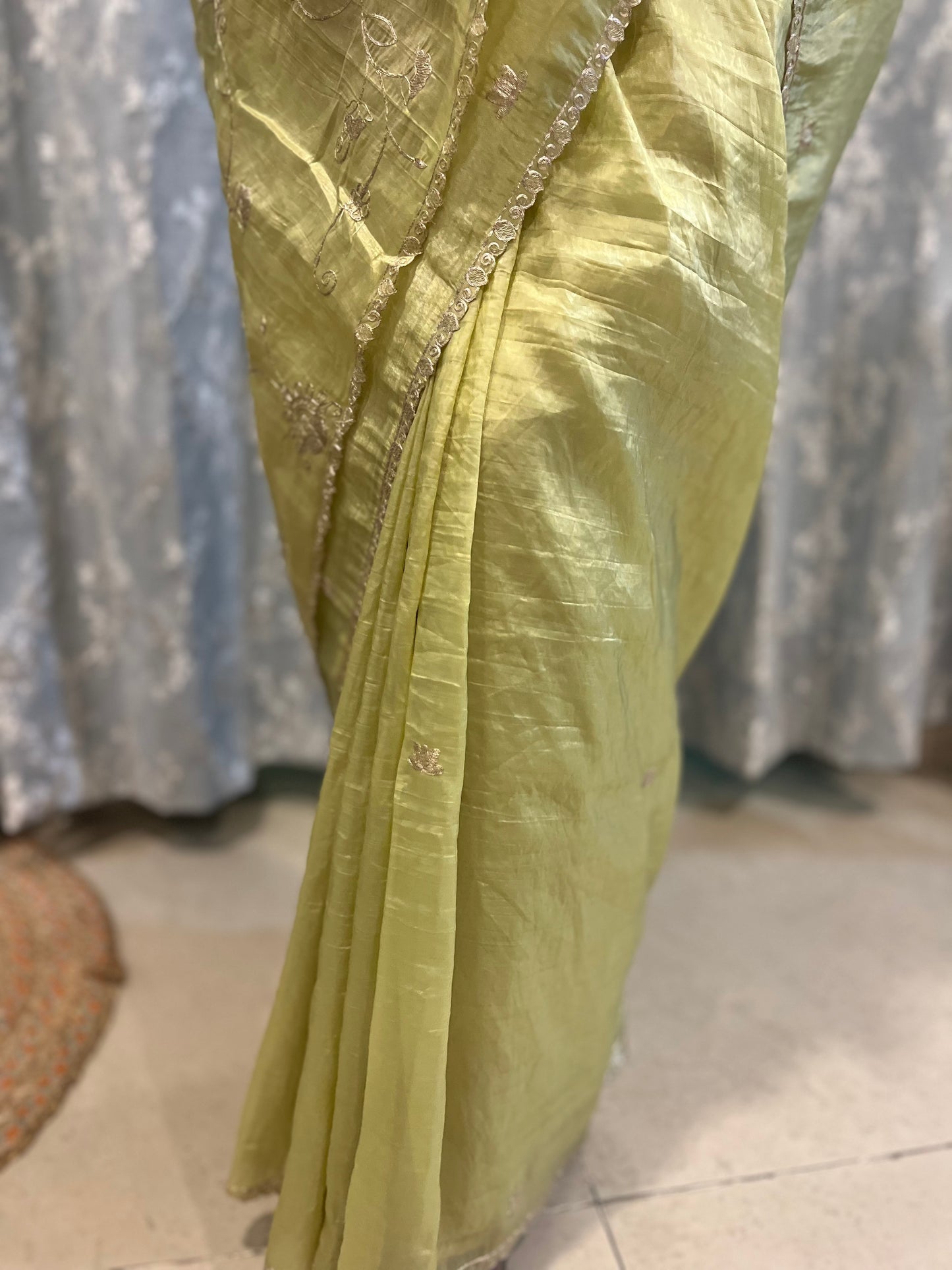 Pitta Work Crepe Tissue Saree - Mehendi Green