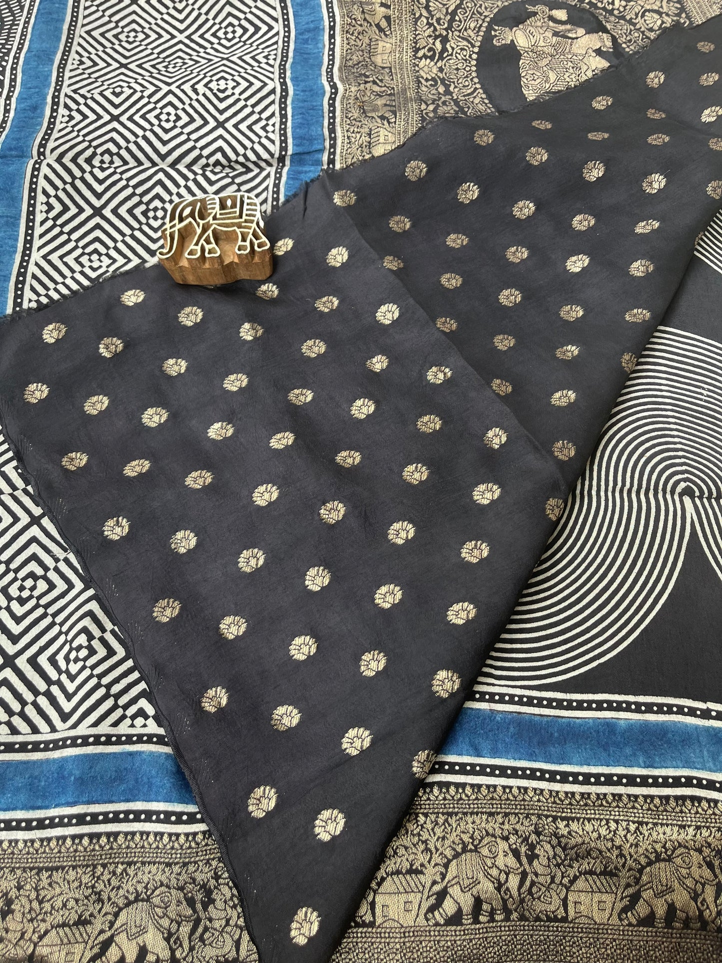 Ajrakh Dola Silk Saree - Black Geometric Pattern (with tassels)