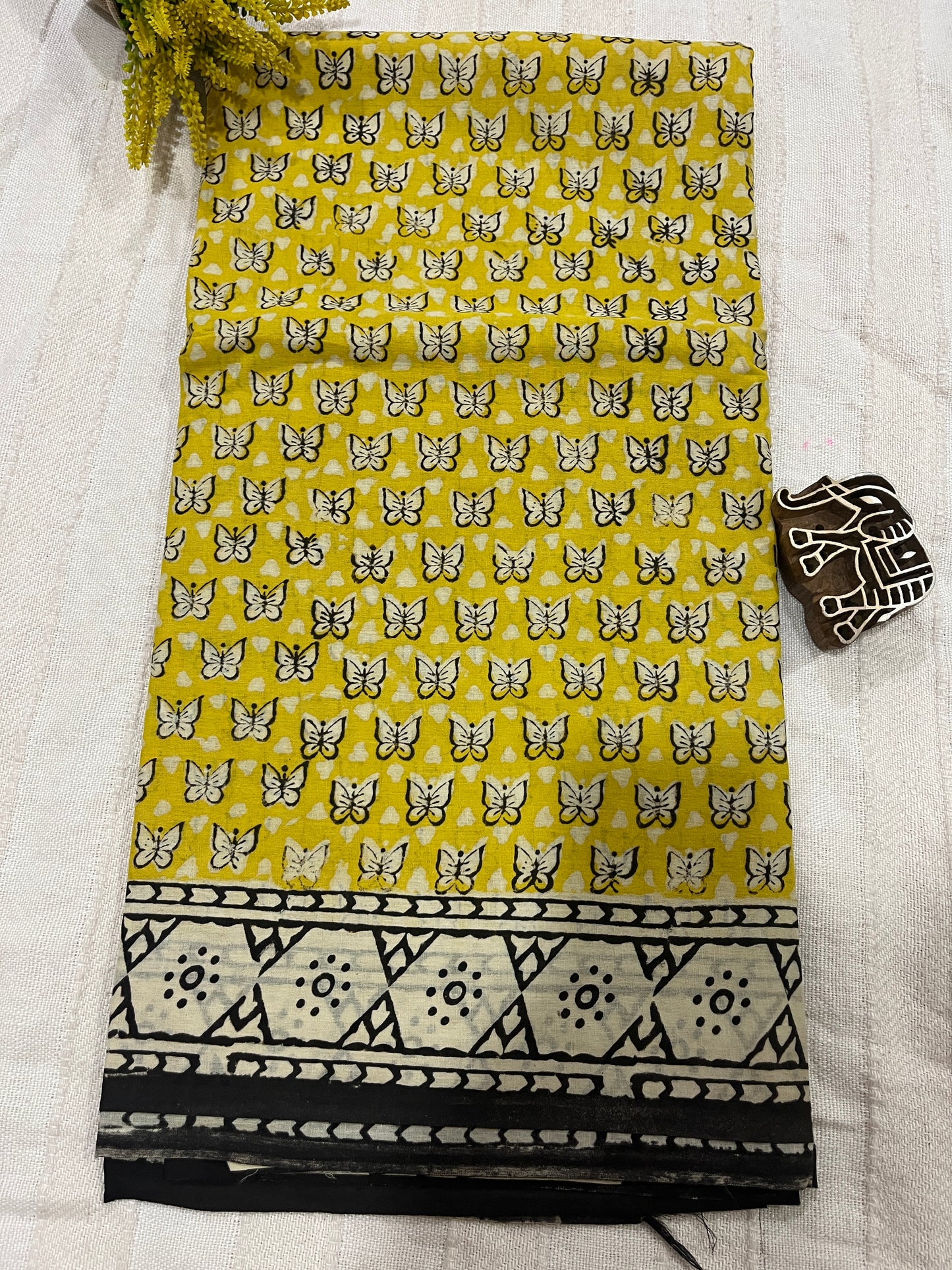 Butterfly Handblock Mul Cotton Saree - Yellow