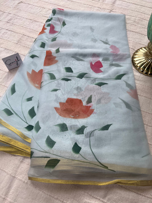 Hand-painted Chiffon Saree - Ice Blue