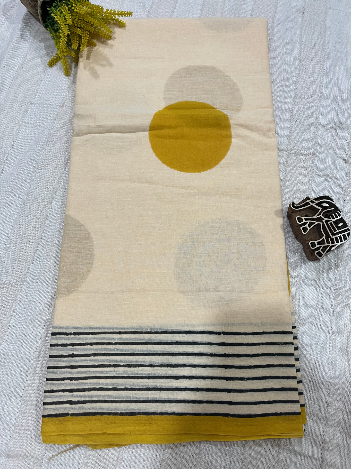 ‘Bindi Tales’ Handblock Mul Cotton Saree - Yellow on Off-white