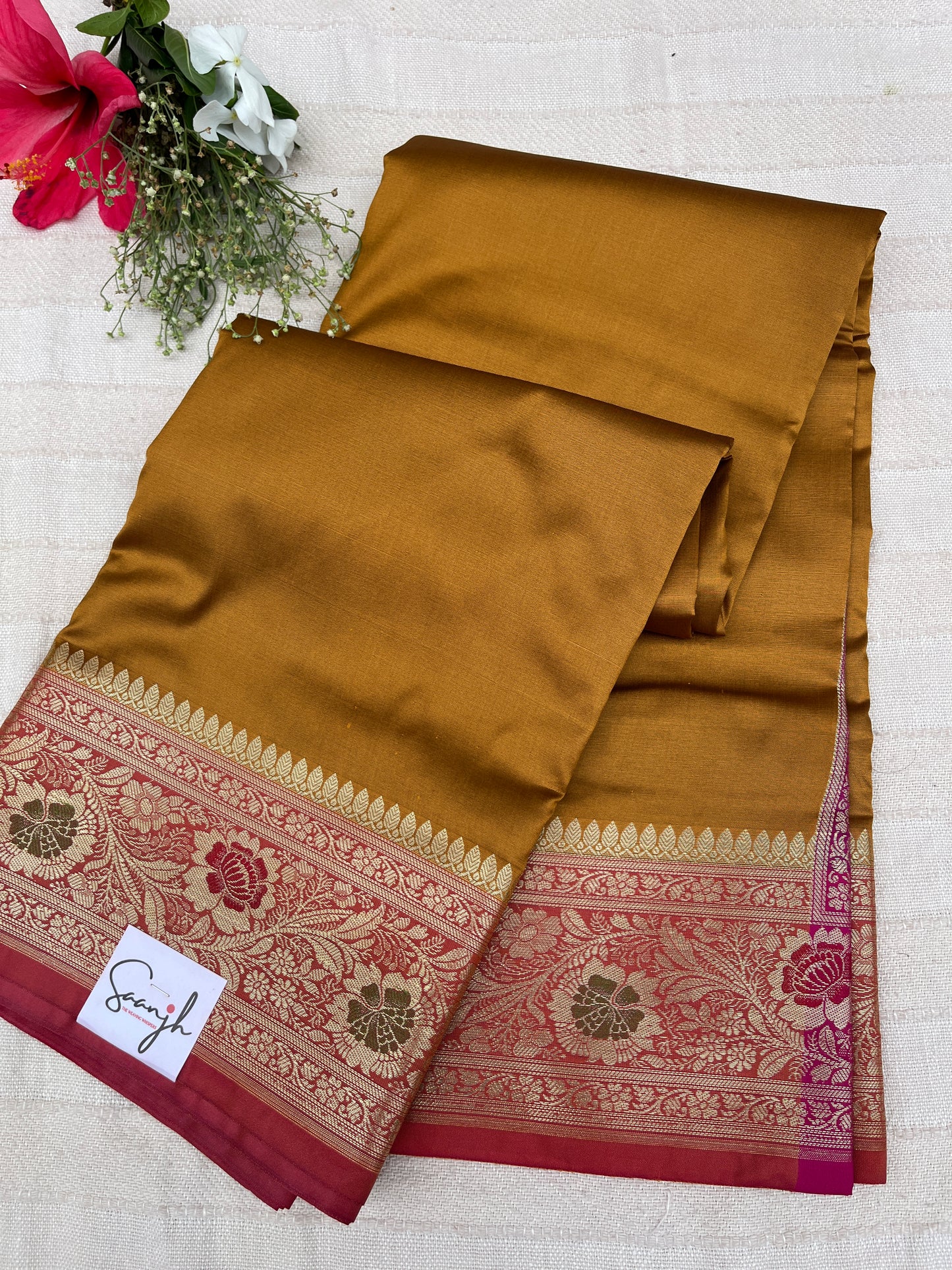 Banarasi Soft Silk Saree - Mustard-Pink