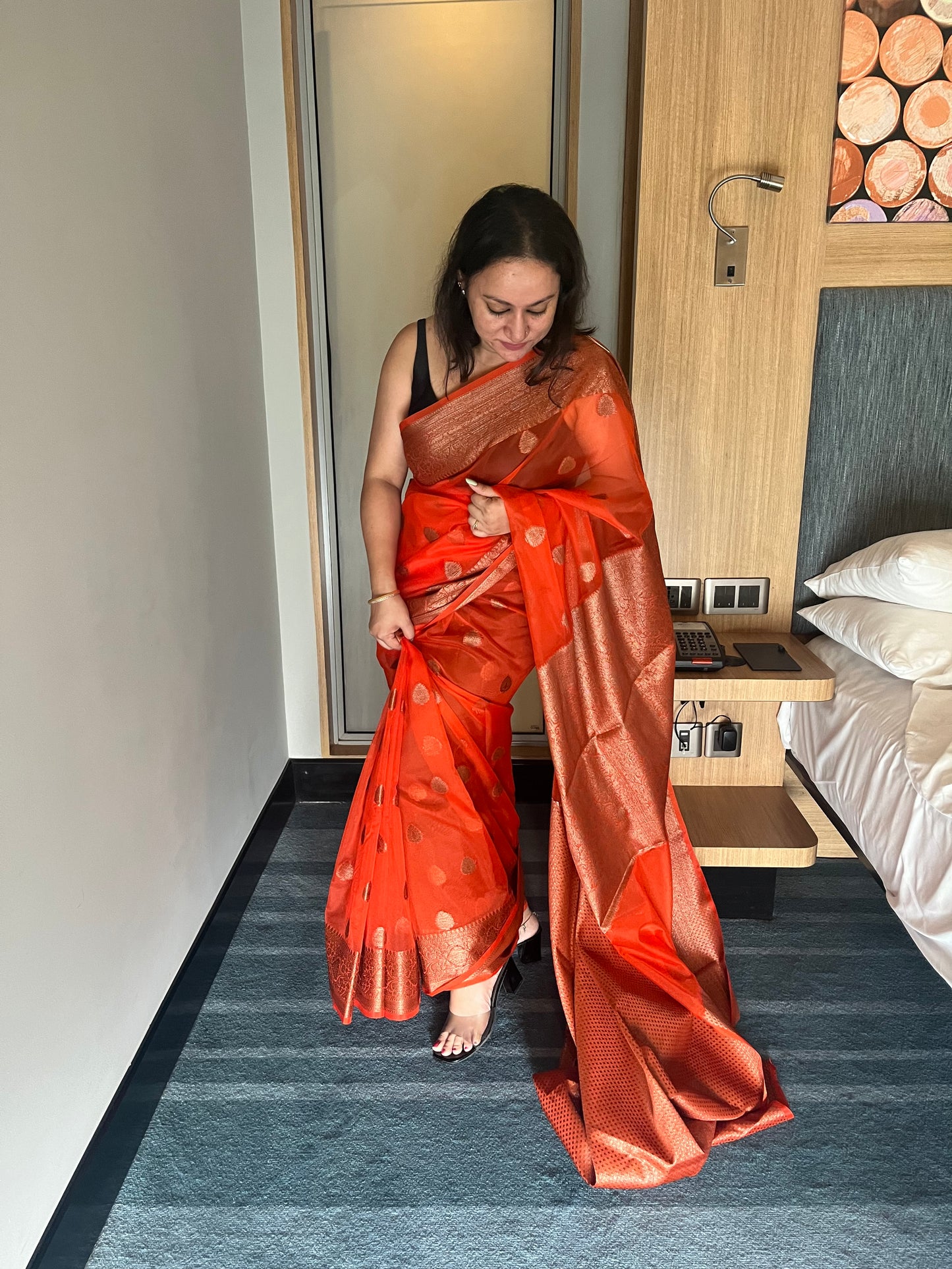 Banarsi Kora Organza Saree - Orange