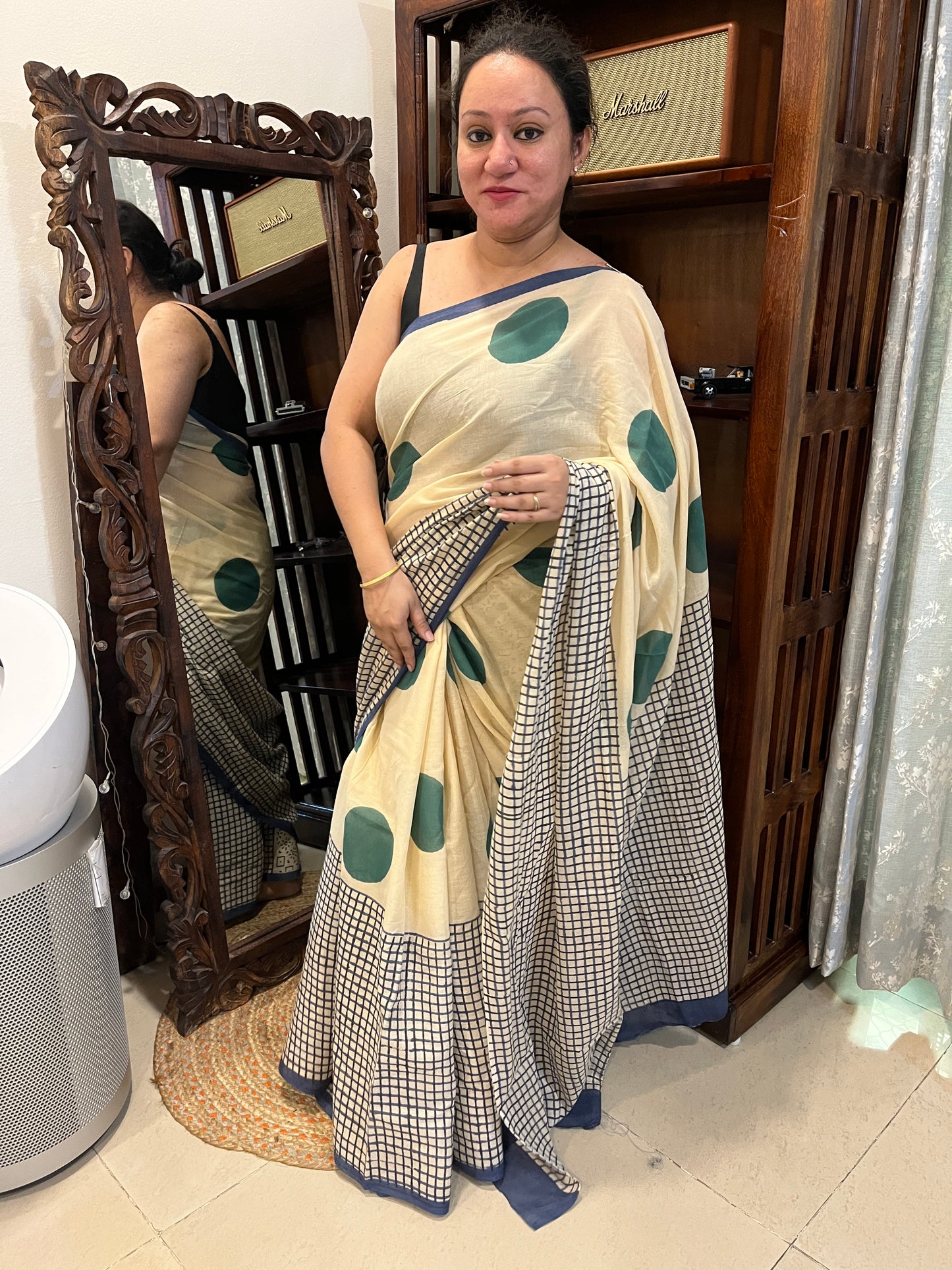 ‘Bindi Tales’ Handblock Mul Cotton Saree - Green on Off-white