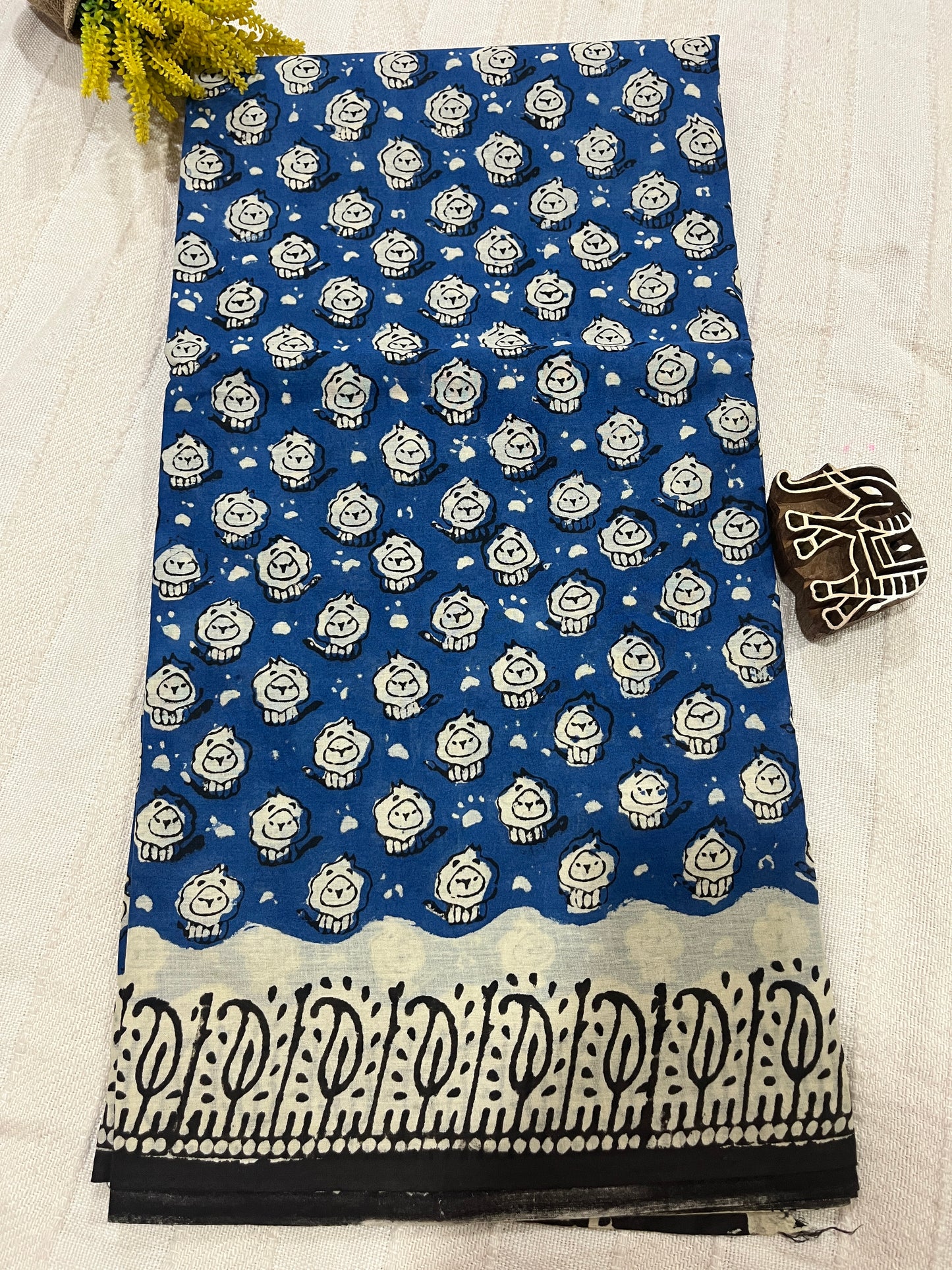 Lion Handblock Mul Cotton Saree - Blue