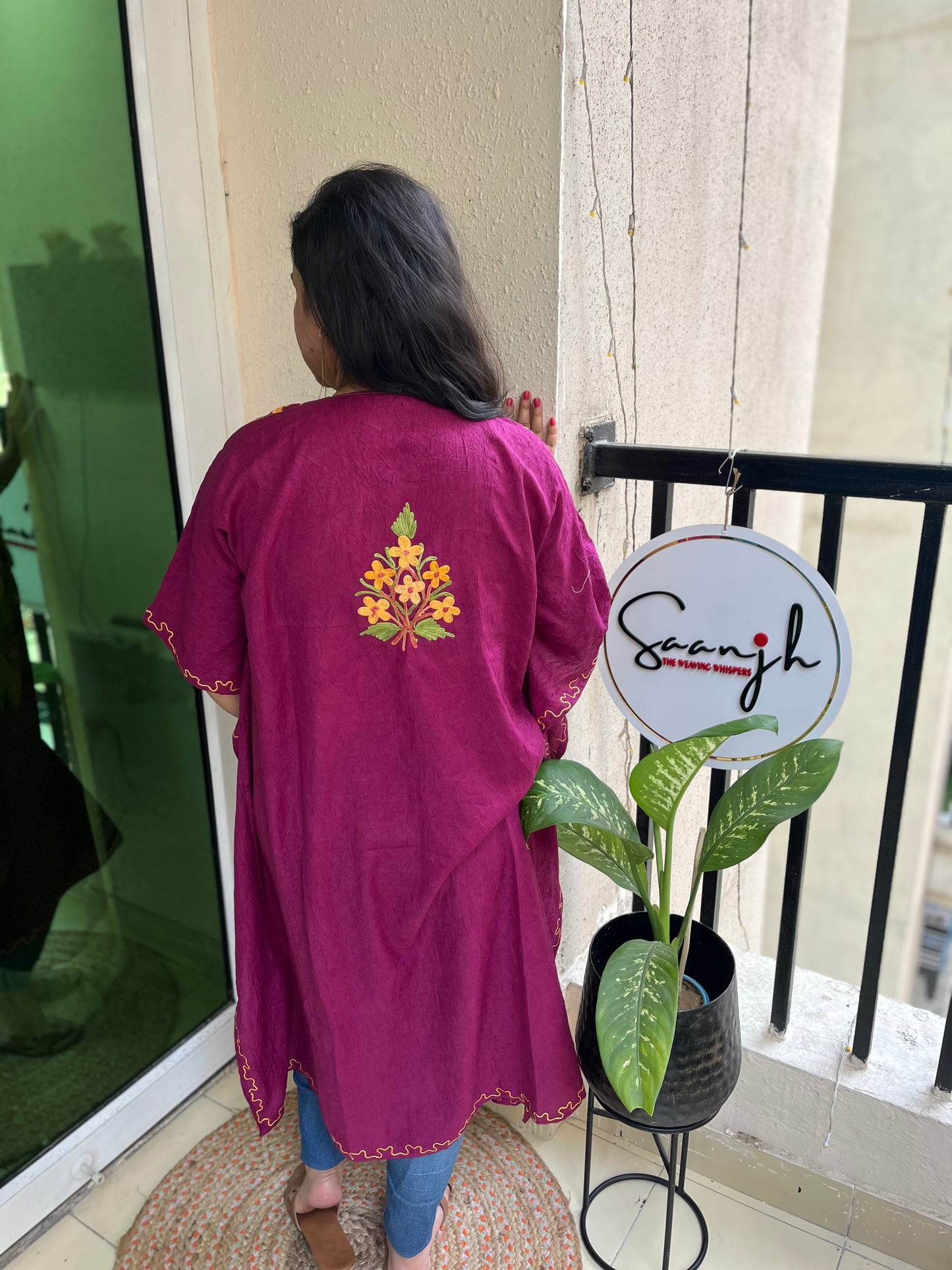 Crush Cotton Aariwork Kaftan - Wine