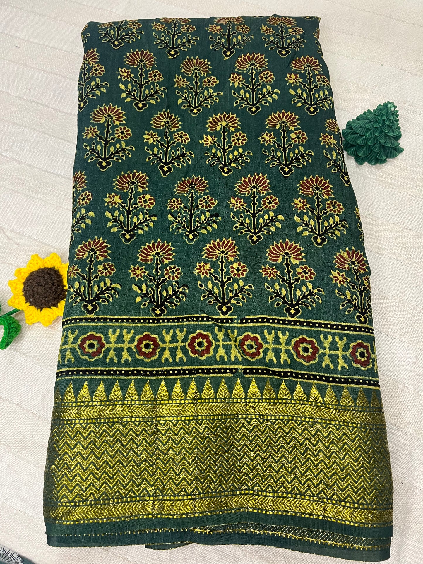 Ajrakh Dola Silk Saree - Green (with tassels)
