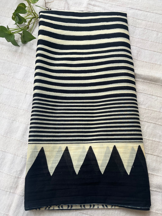 Contemporary Ajrakh Mul Cotton Saree - Black Stripes