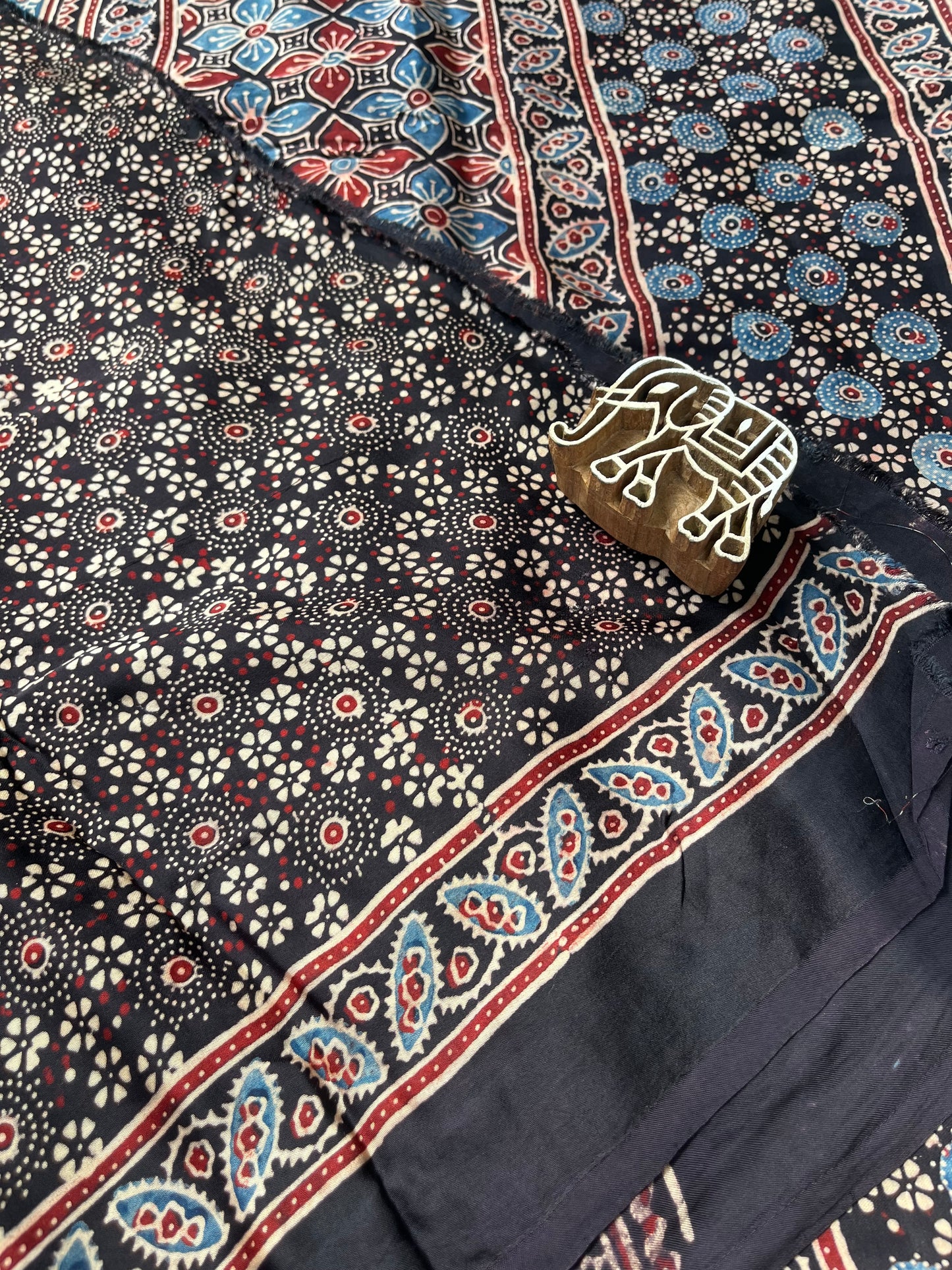 Ajrakh Modal Silk Saree with Bel Design - Black