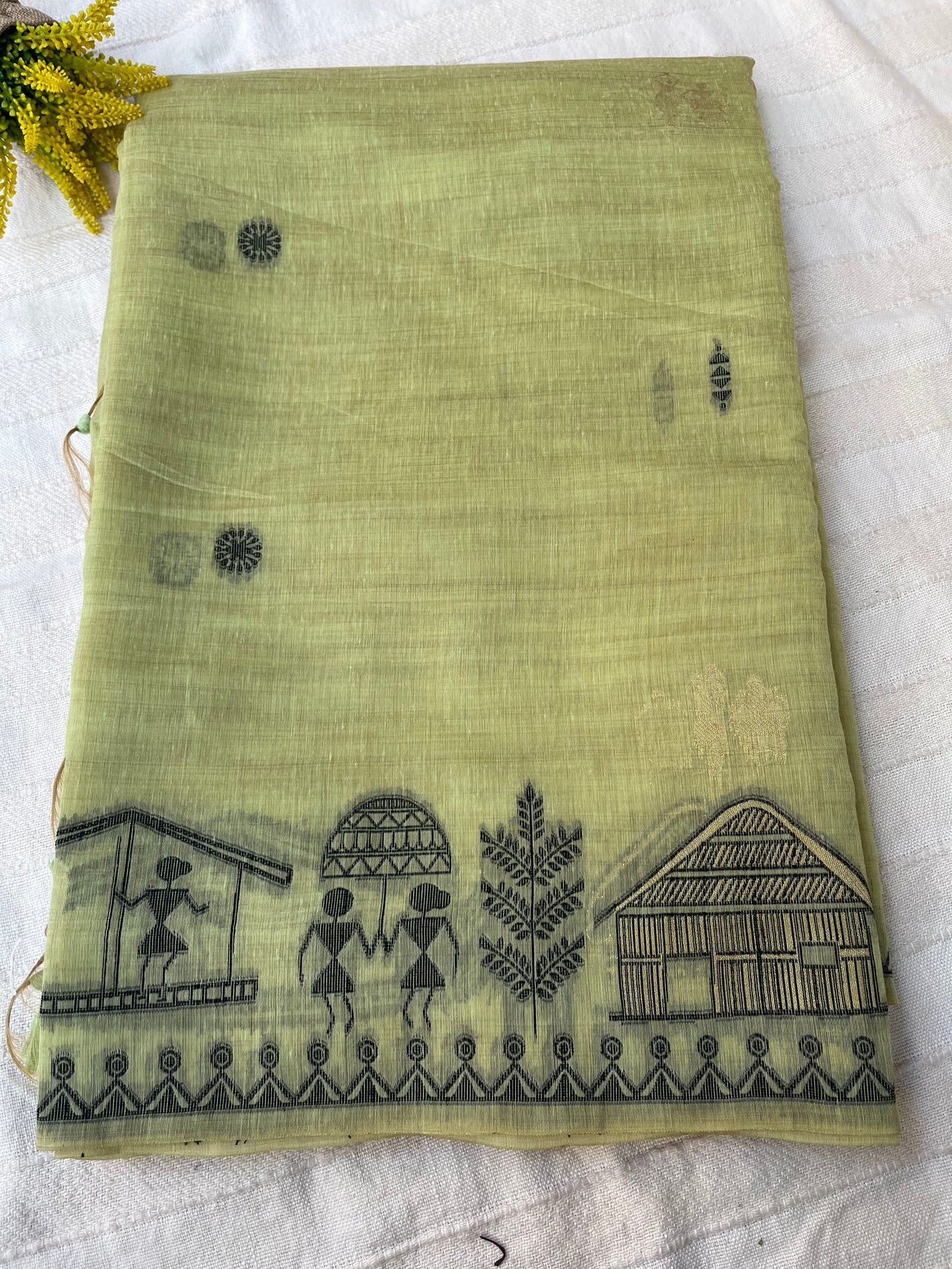 Chanderi Cotton Jamdani Saree - Lime Green Tribal Art