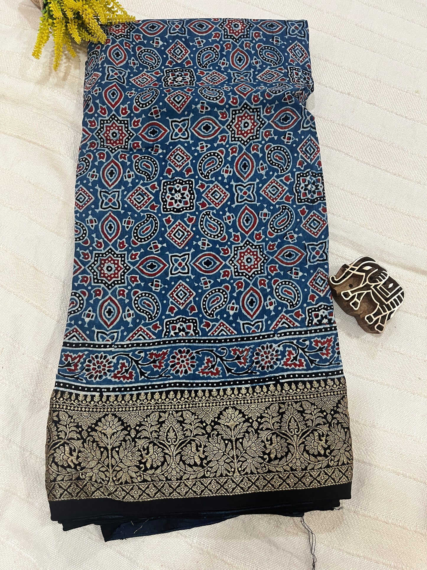 Ajrakh Dola Silk Saree - Indigo