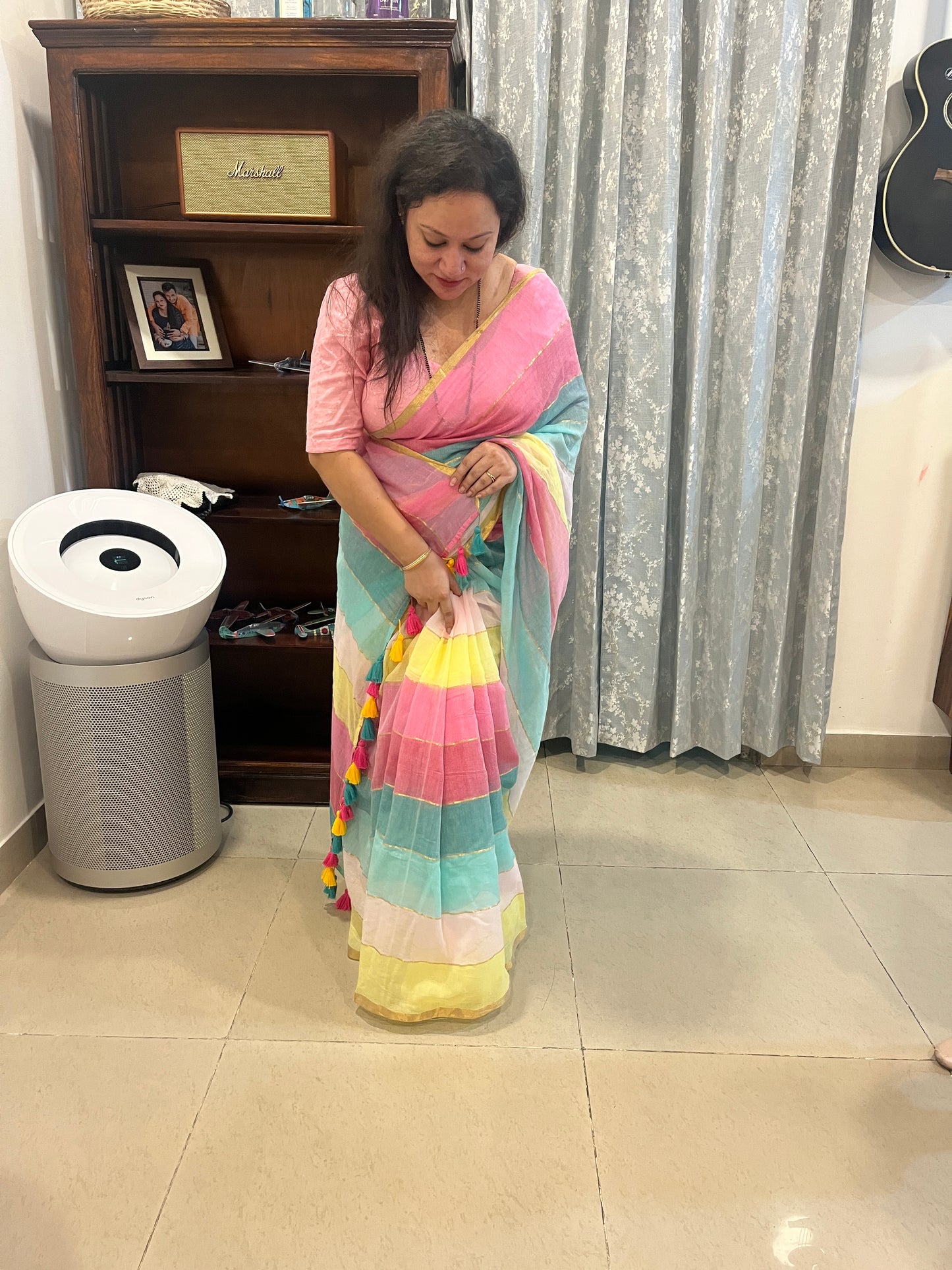 Multicolour Zari Stripes Mul Cotton Saree (No Blouse piece)