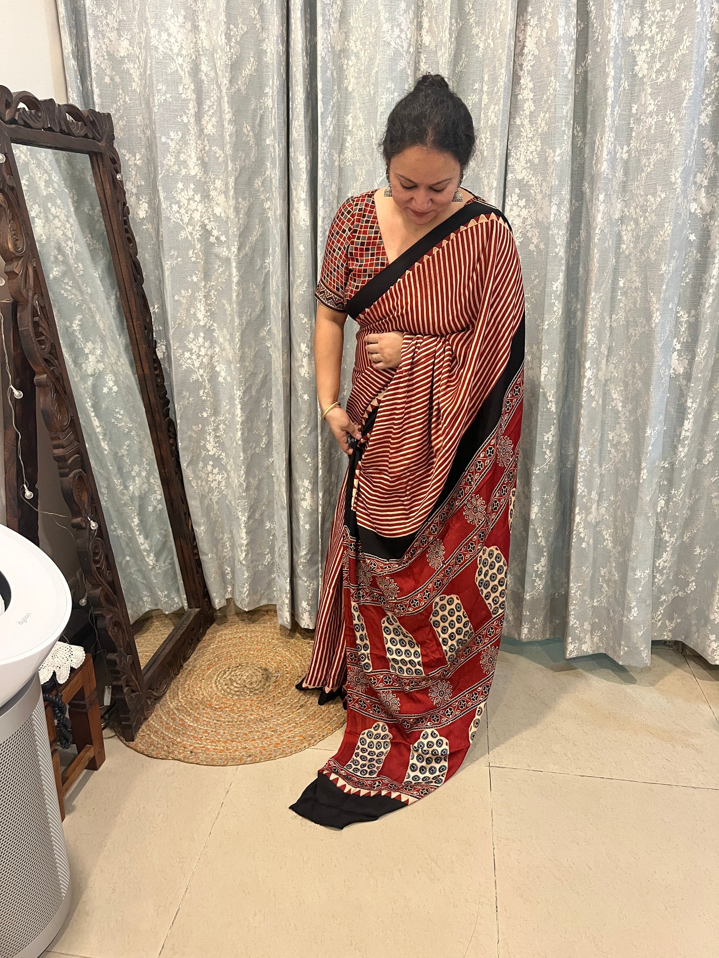 Contemporary Ajrakh Modal Silk Saree -Red Stripes