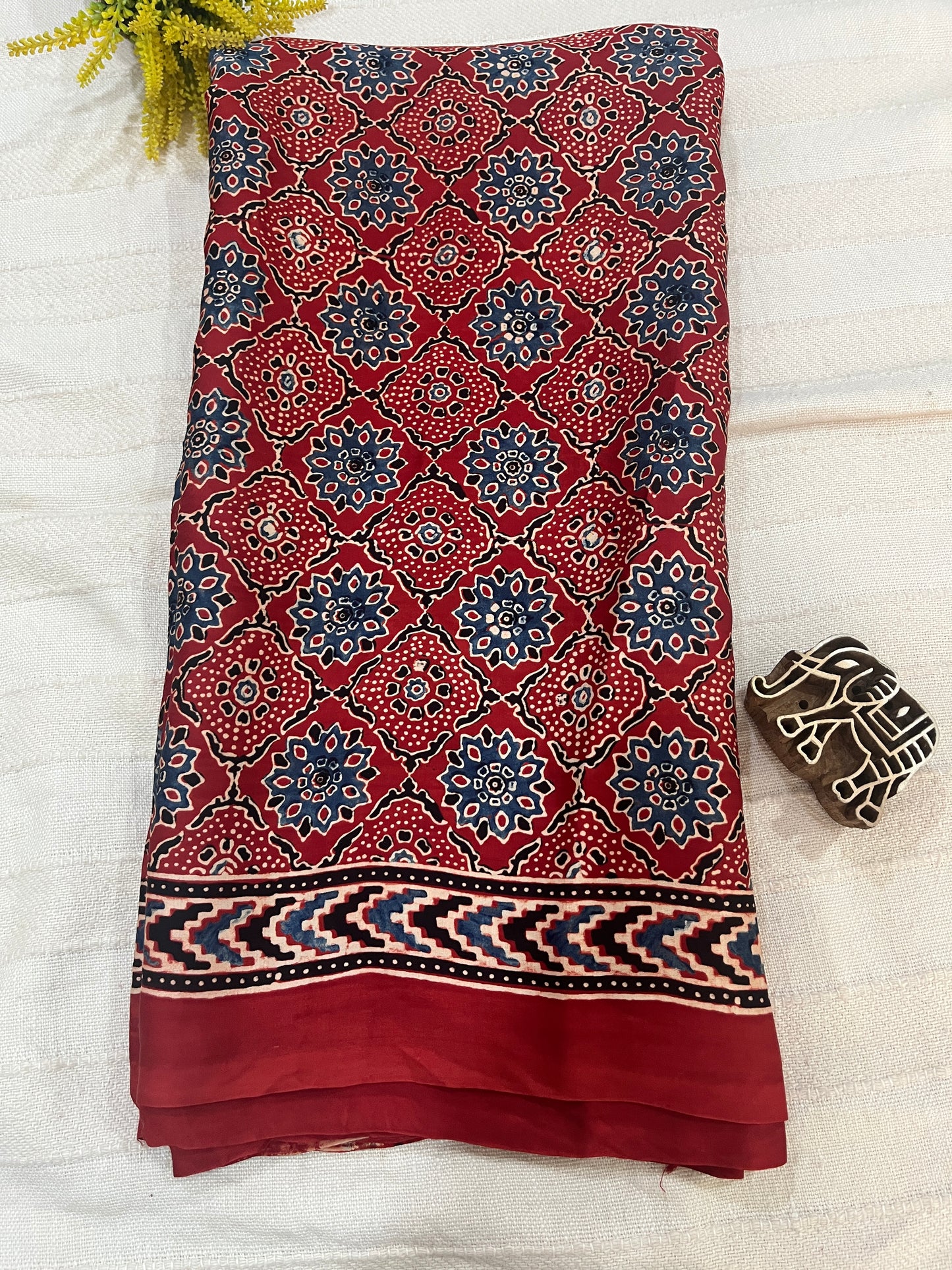 Ajrakh Modal Silk Saree - Classic Red