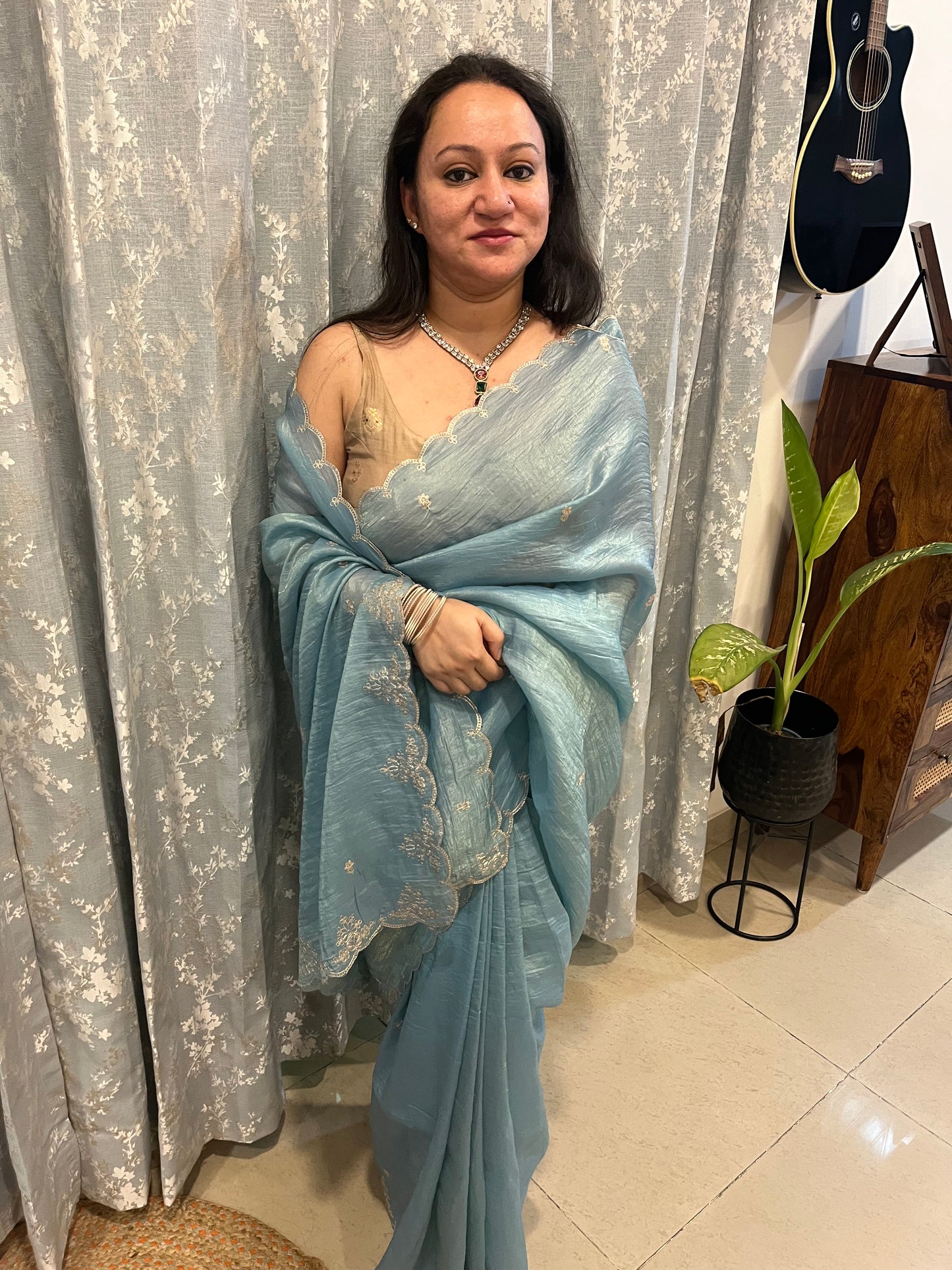 Pitta Work Crepe Tissue Saree - Aqua