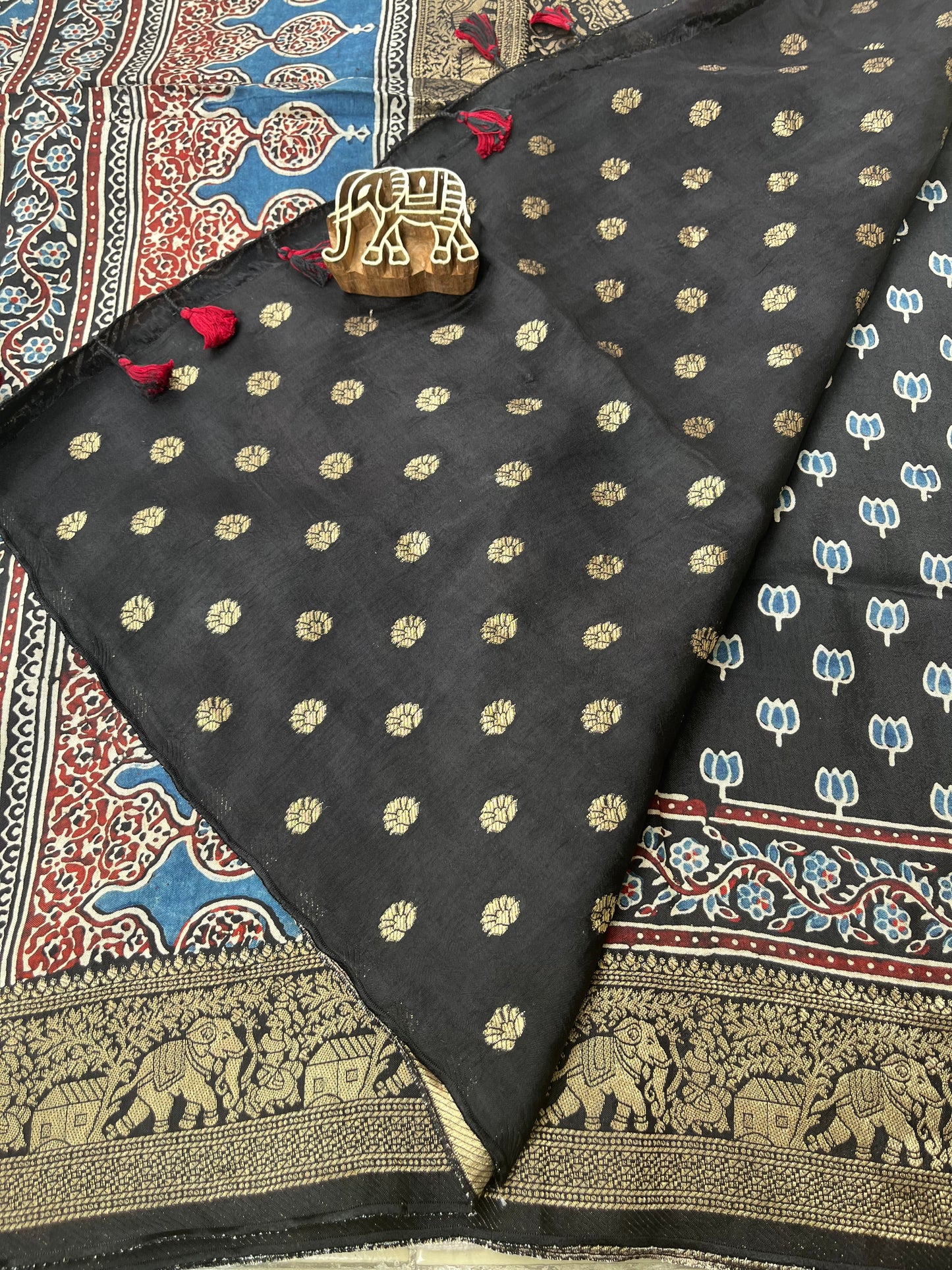Ajrakh Dola Silk Saree - Black Lotus Pattern (with tassels)