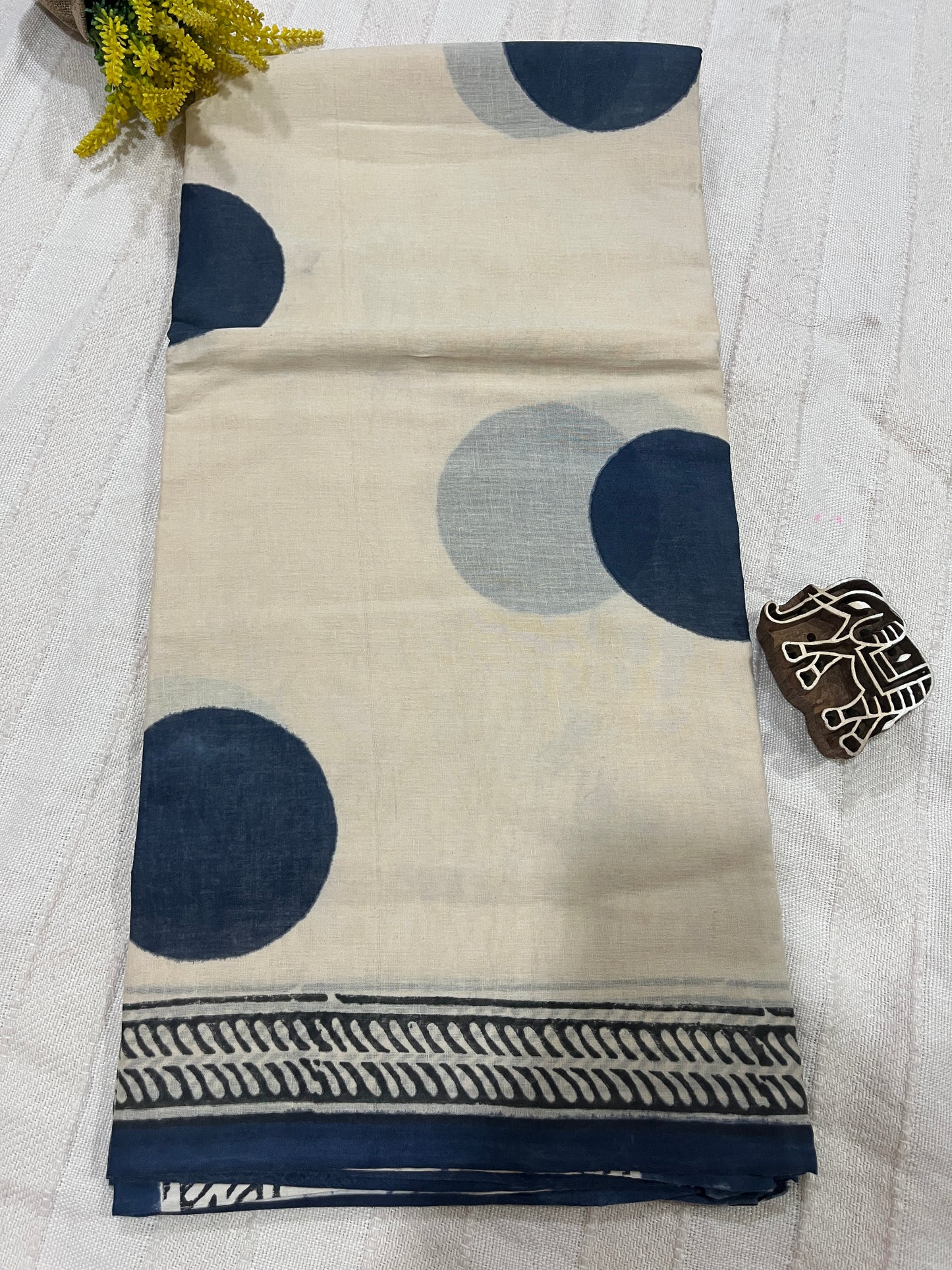 ‘Bindi Tales’ Handblock Mul Cotton Saree - Grey on Off-white