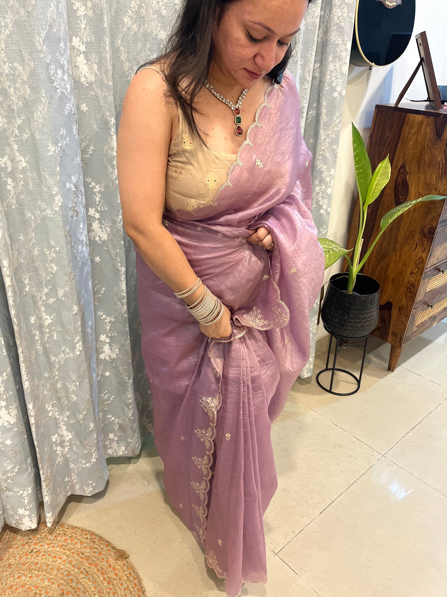 Pitta Work Crepe Tissue Saree - Lavender