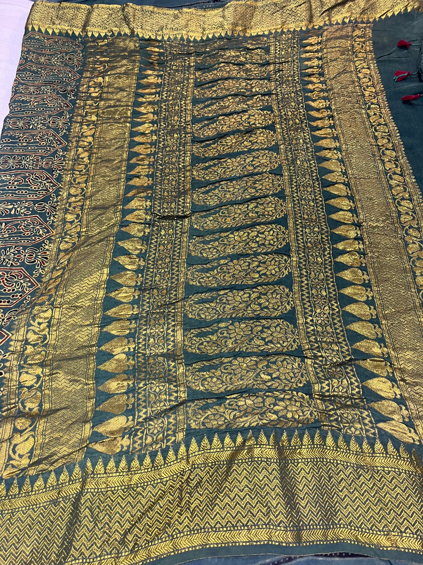 Ajrakh Dola Silk Saree - Green (with tassels)