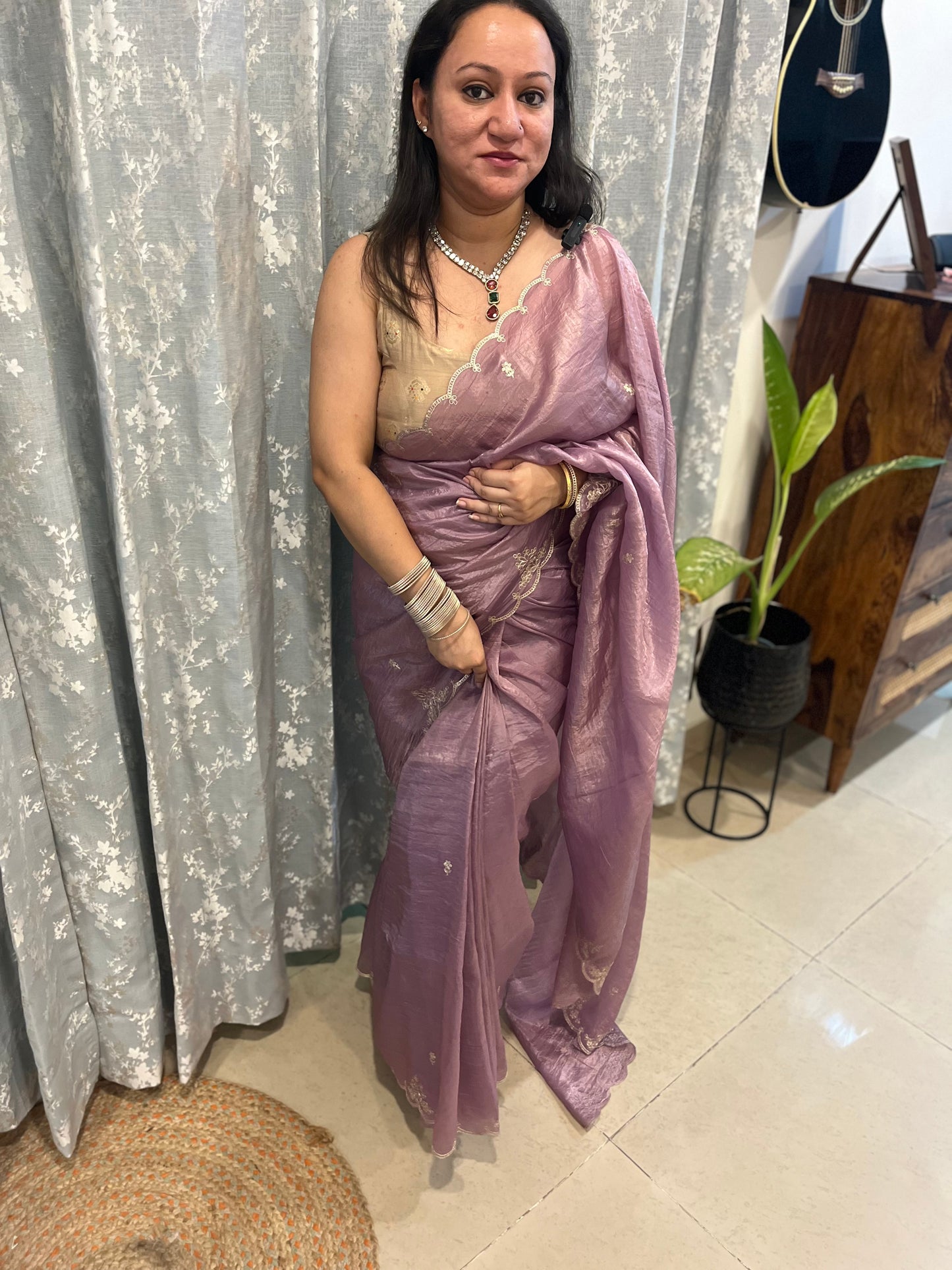 Pitta Work Crepe Tissue Saree - Lavender