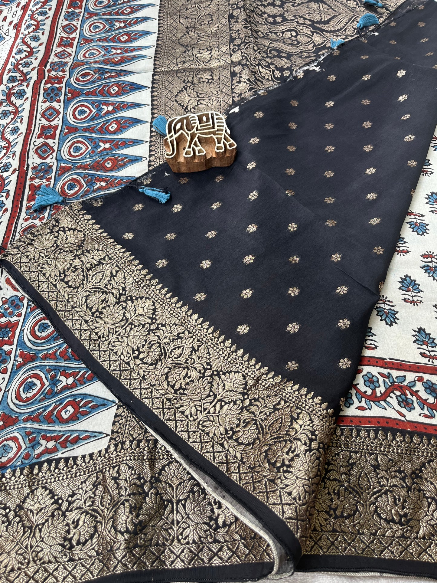 Ajrakh Dola Silk Saree - Pearl White Buttis (with tassels)