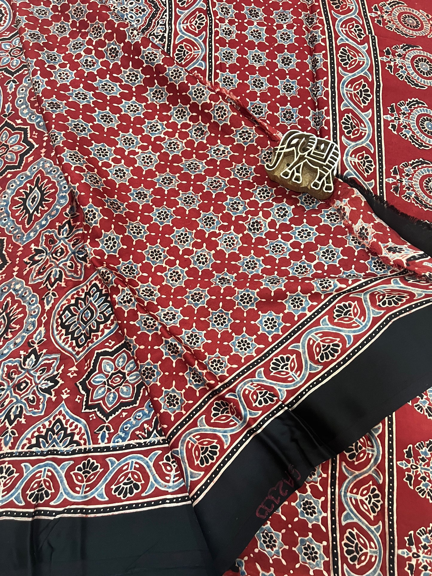 Ajrakh Modal Silk Saree -Red Badam Block