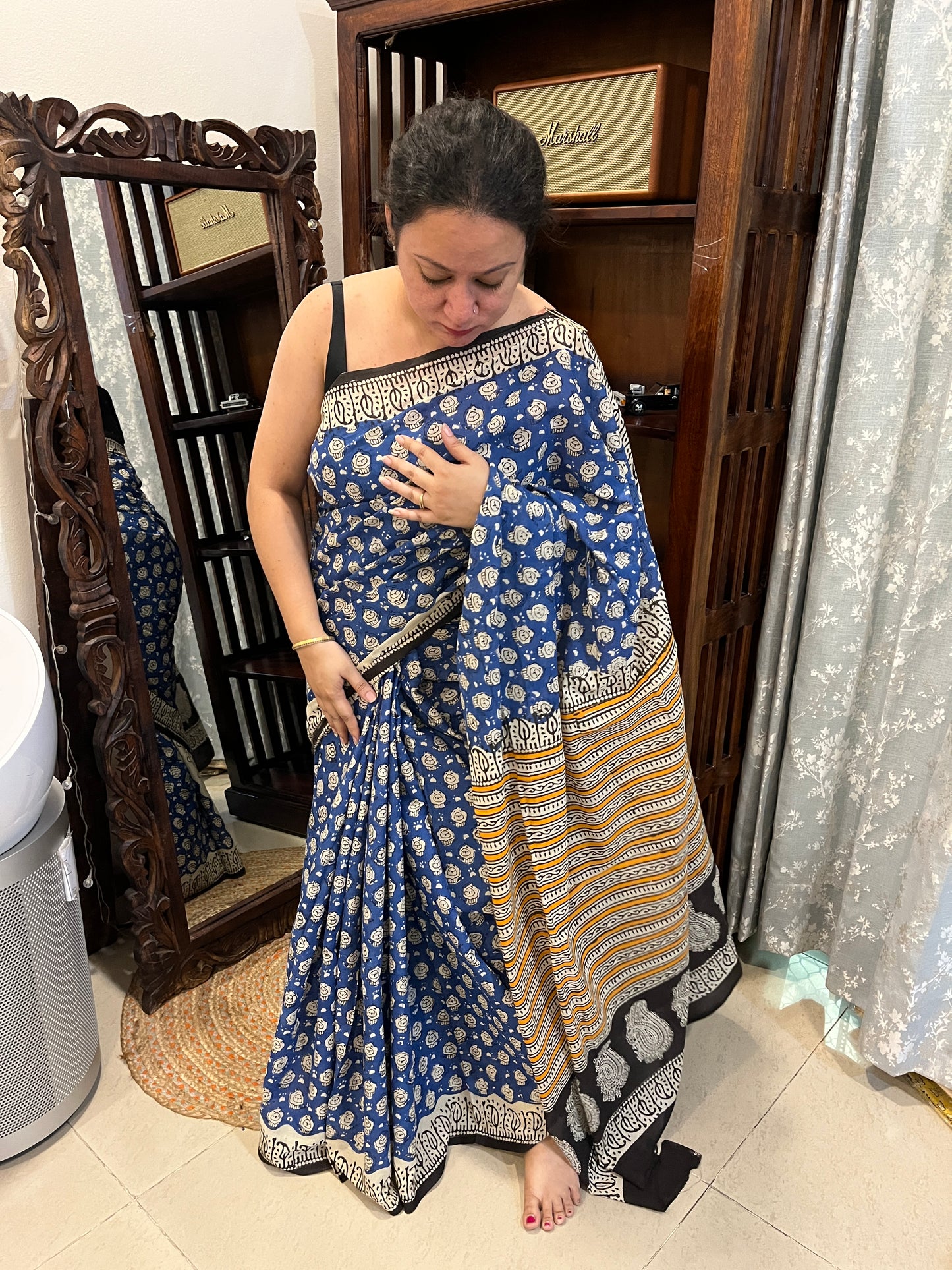Lion Handblock Mul Cotton Saree - Blue