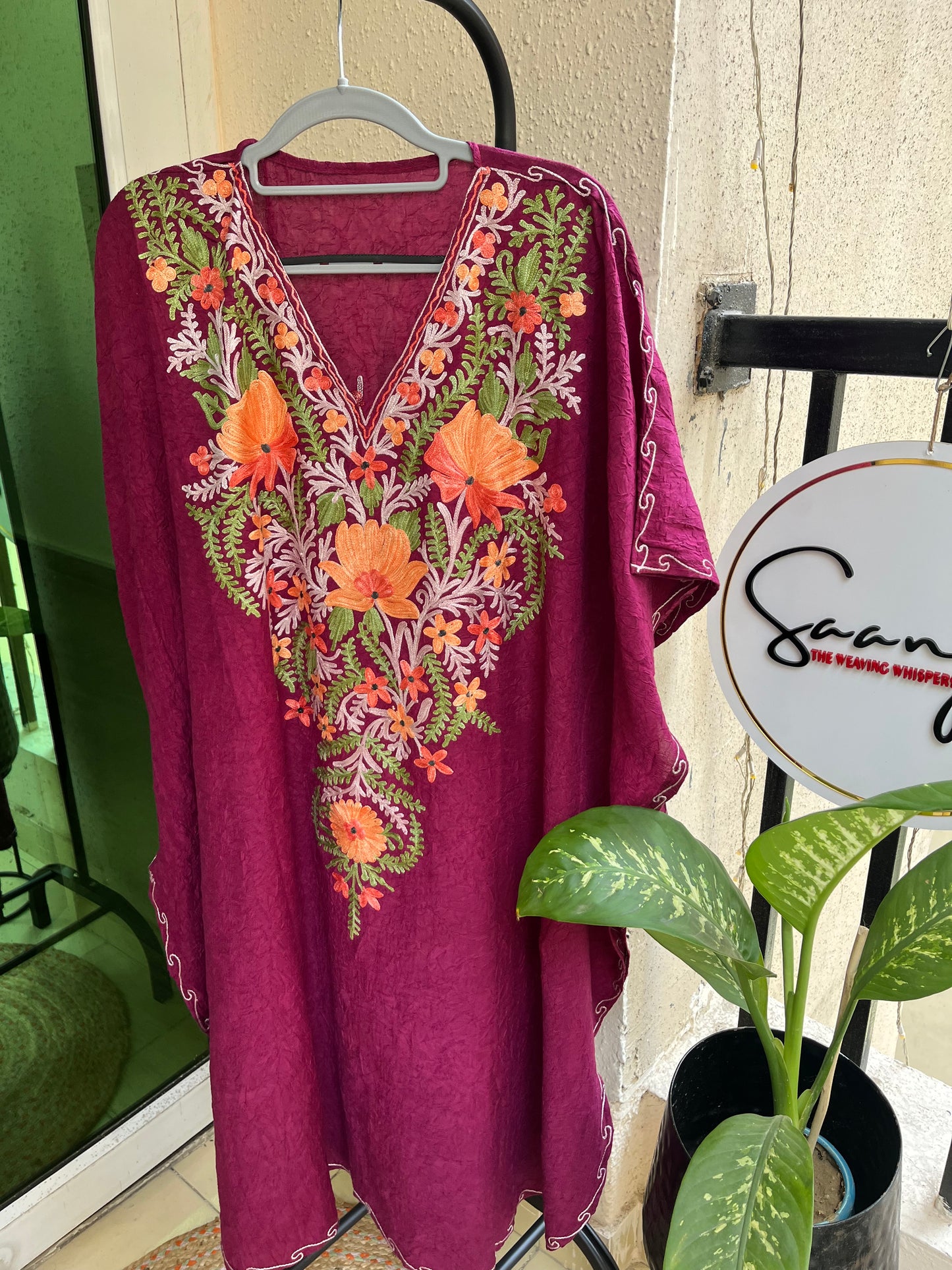 Crush Cotton Aariwork Kaftan - Wine