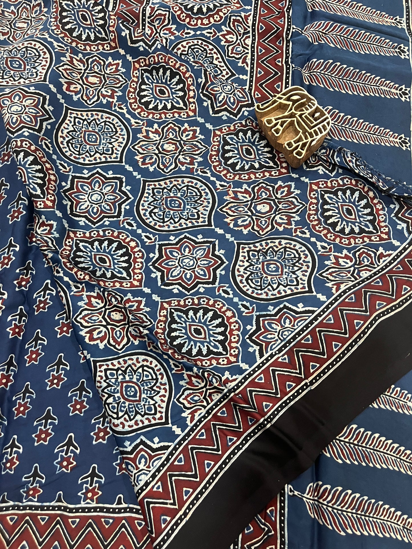 Ajrakh Modal Silk Saree - Indigo Small Flower Buttis