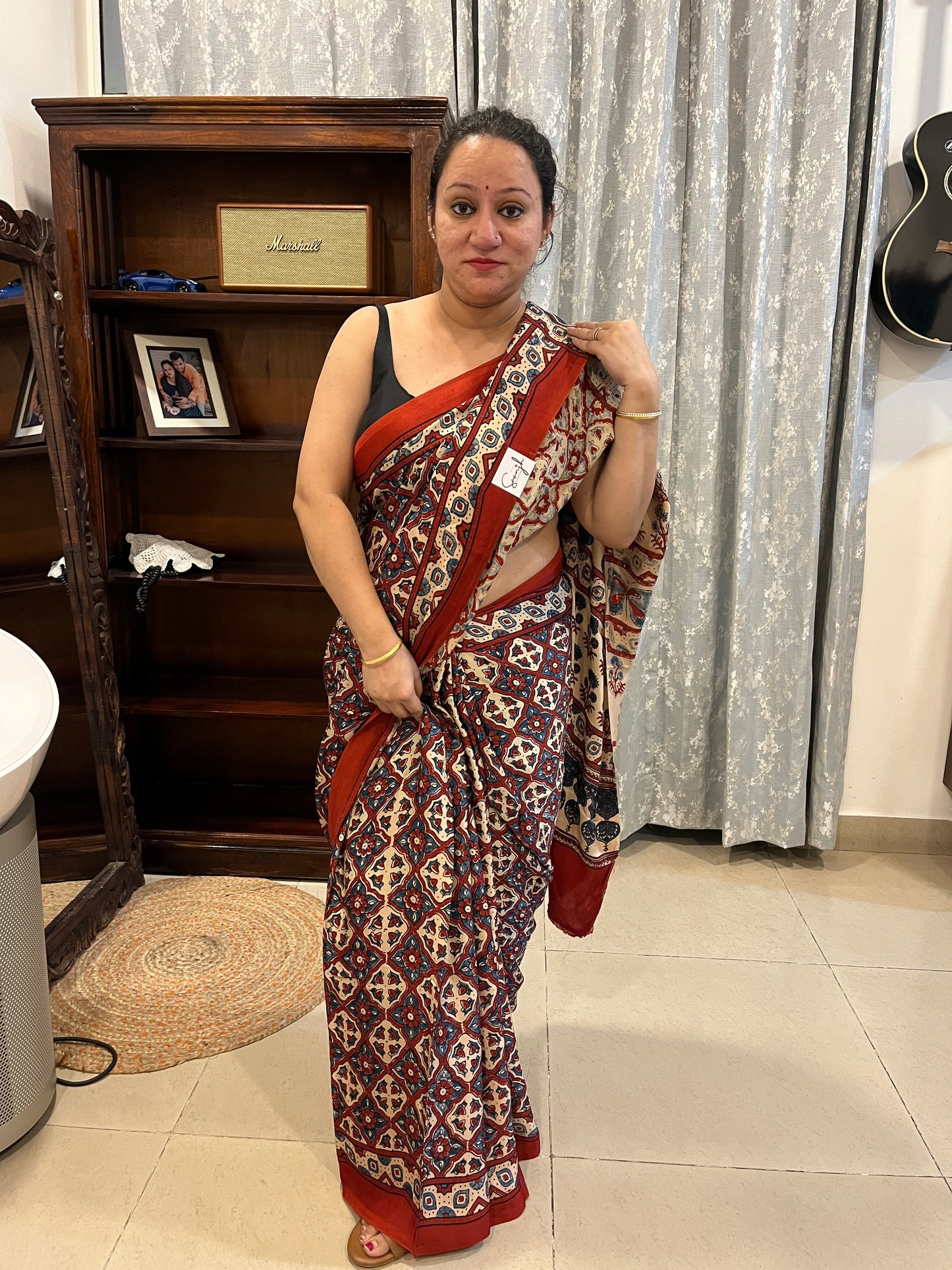Ajrakh Modal Silk Saree - Beige Red