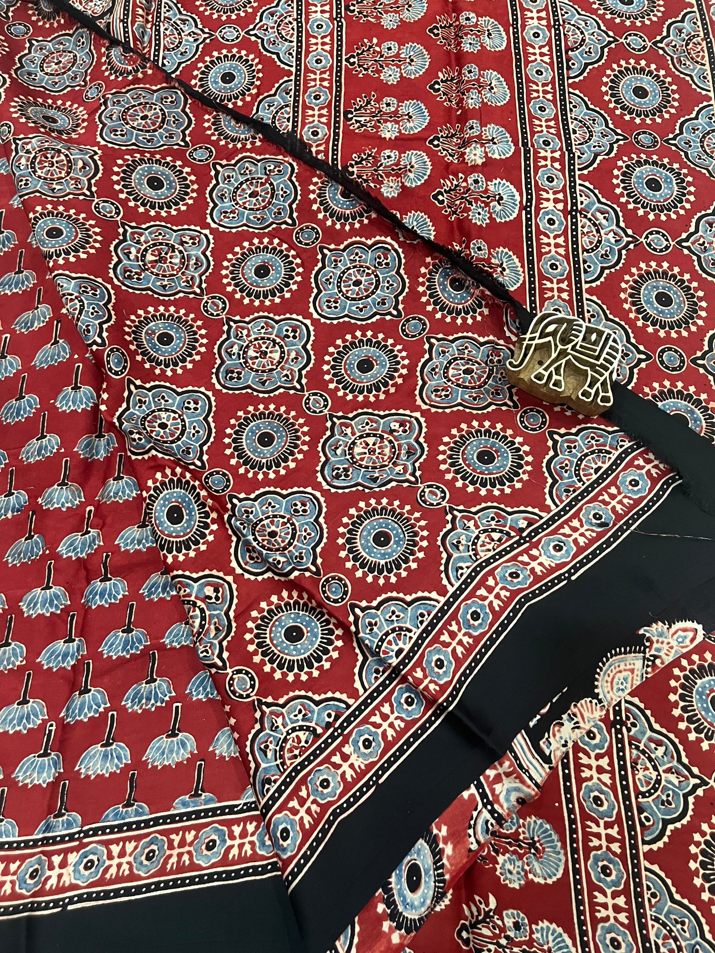 Ajrakh Modal Silk Saree - Red Lotus Motifs