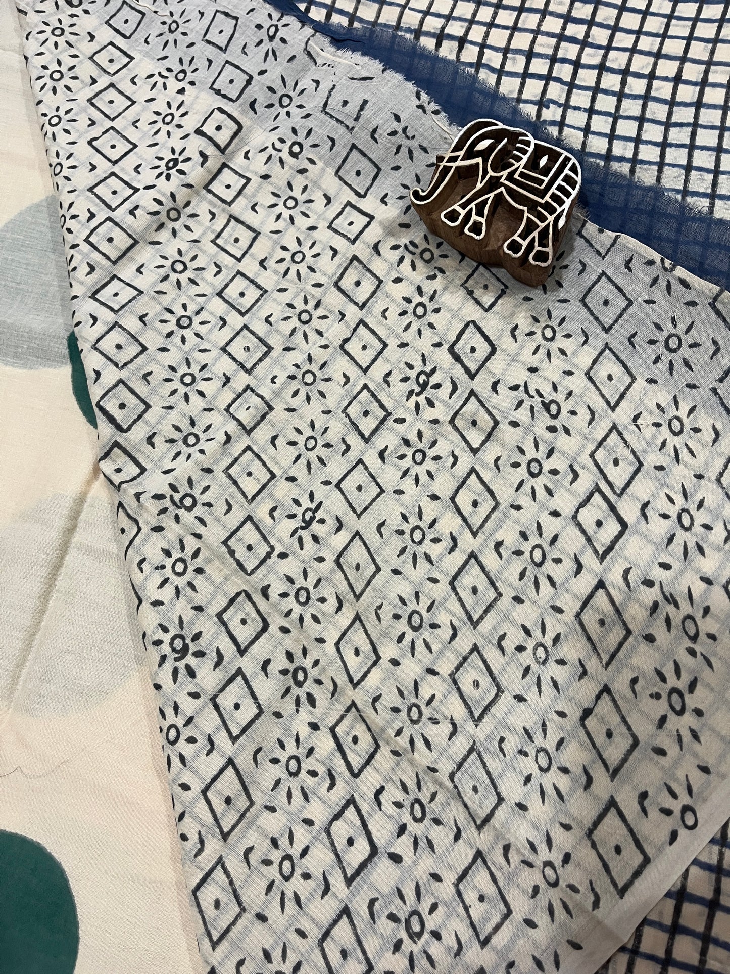 ‘Bindi Tales’ Handblock Mul Cotton Saree - Green on Off-white