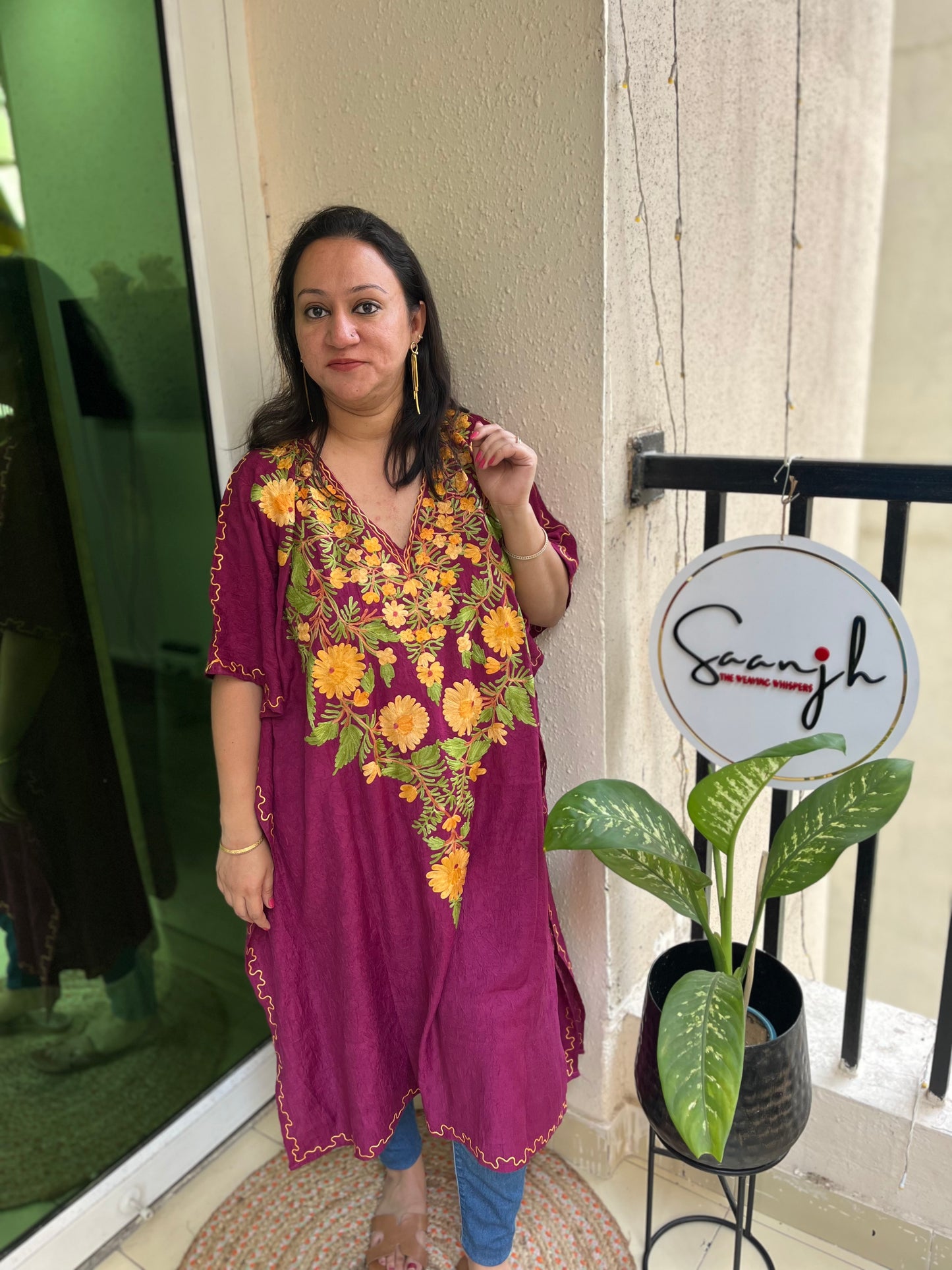 Crush Cotton Aariwork Kaftan - Wine