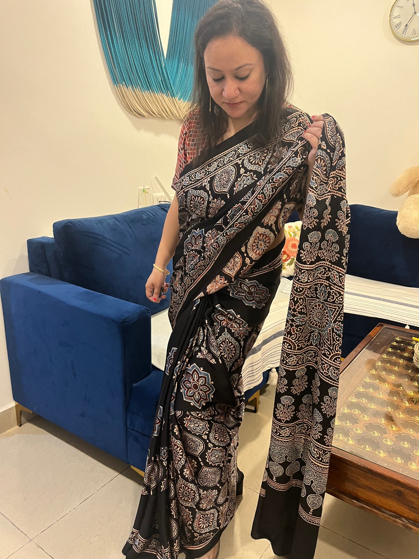 Contemporary Ajrakh Modal Silk Saree - Black Badam Butta