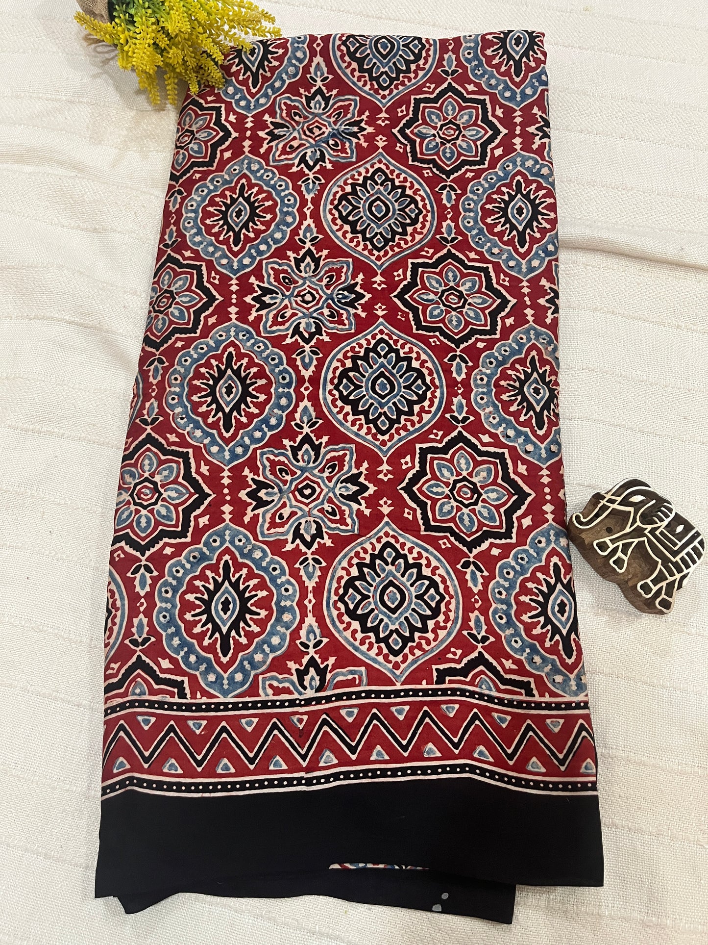 Ajrakh Modal Silk Saree -Red Badam Block