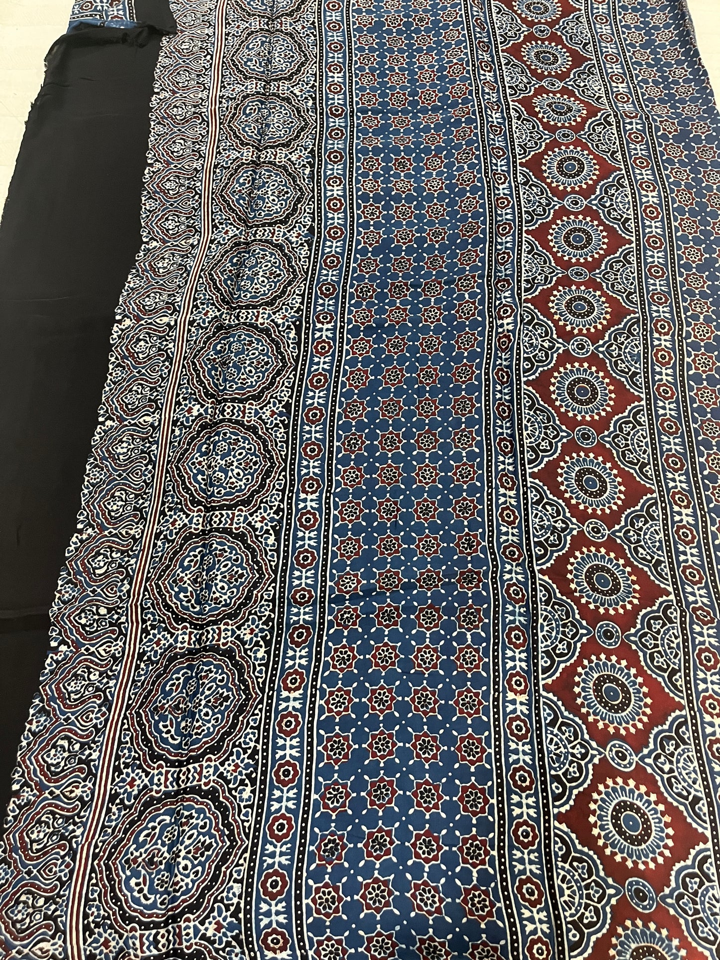 Ajrakh Modal Silk Saree - Indigo Lotus Motifs