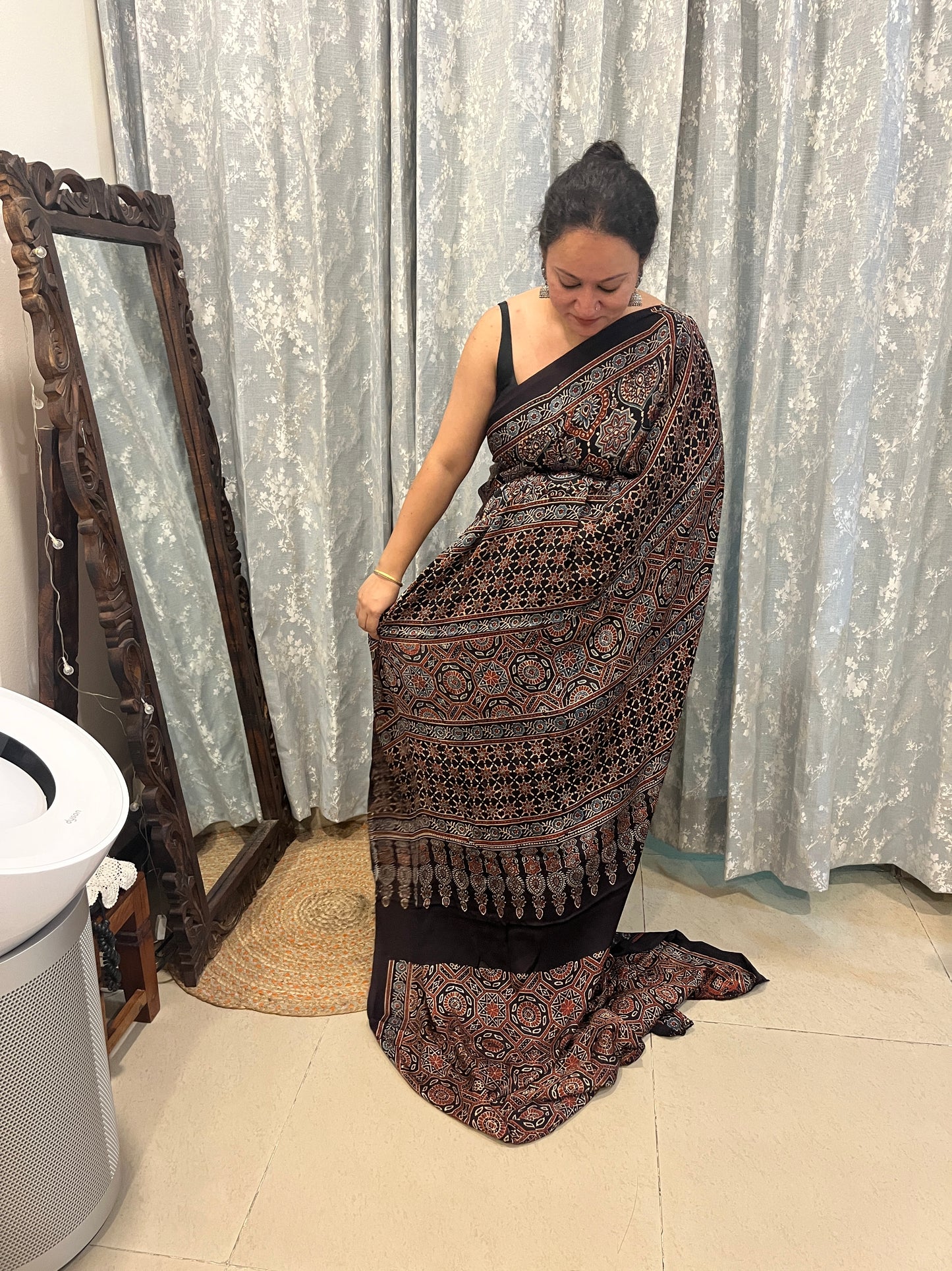 Ajrakh Modal Silk Saree - Black Badam Block