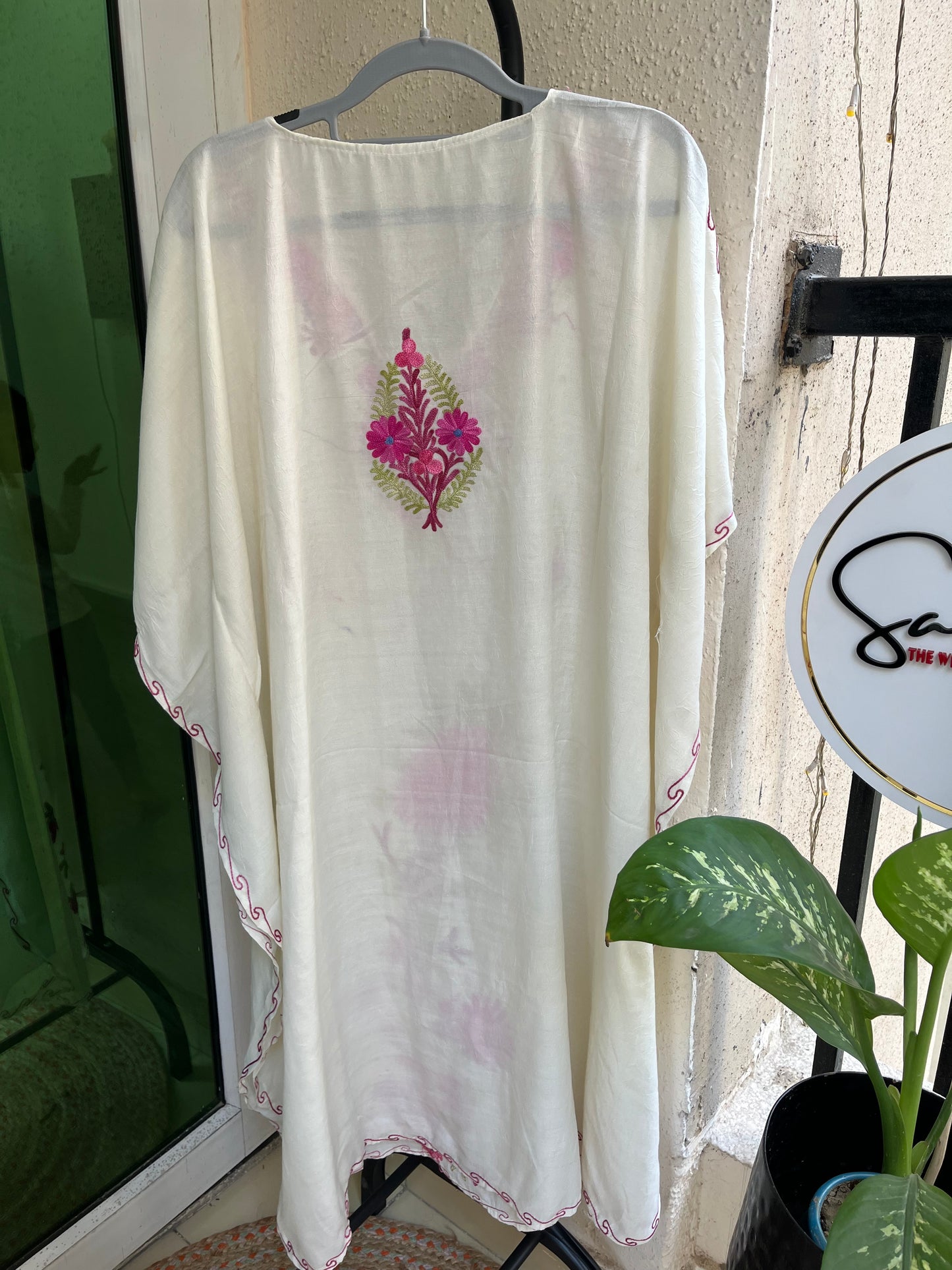 Crush Cotton Aariwork Kaftan - White