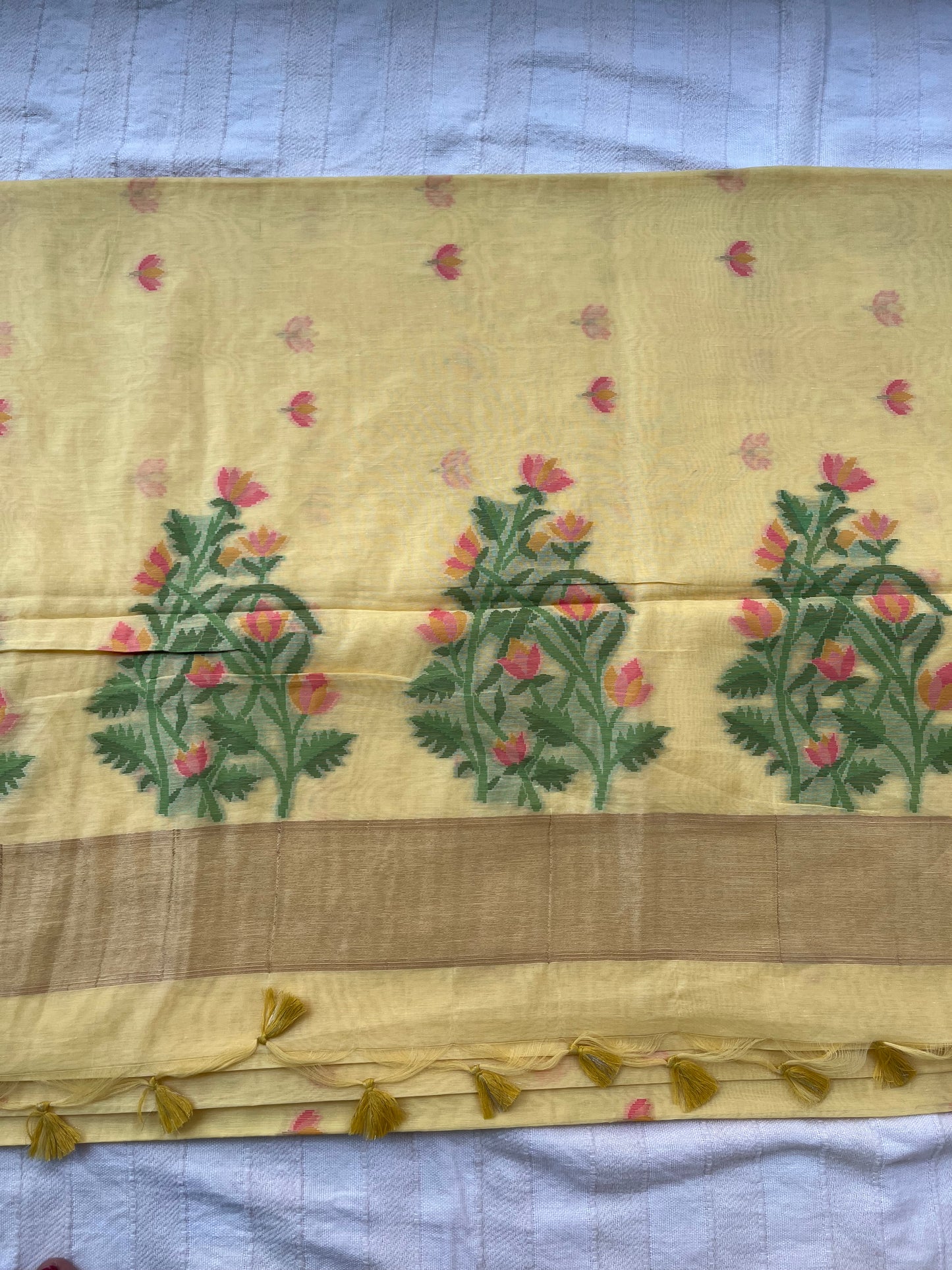 Chanderi Cotton Jamdani Saree - Lemon Yellow Lotus Motifs