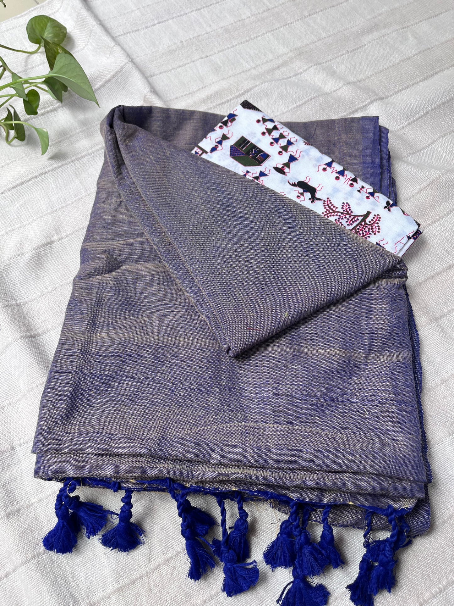 Handloom Khadi Cotton Saree with Kalamkari Blouse Piece - Blue Grey