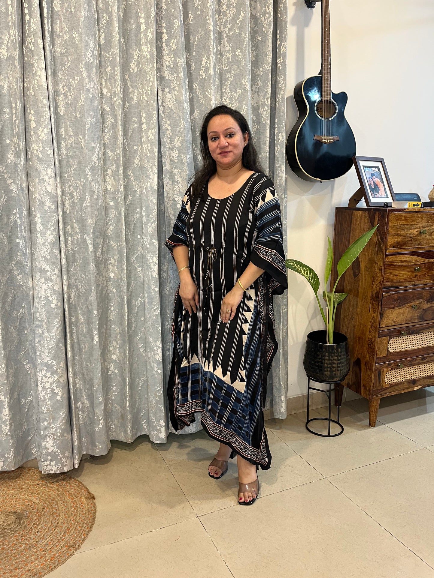 Ajrakh Modal Silk Kaftan - Black Stripes